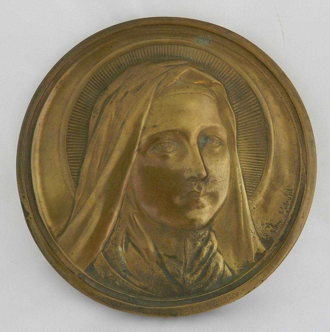 Gilt Mary Bronze Wall Plaque Sculpture Signed Medallion French Early 20th Century