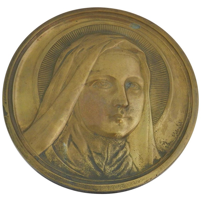 Mary Bronze Wall Plaque Sculpture Signed Medallion French Early 20th Century For Sale