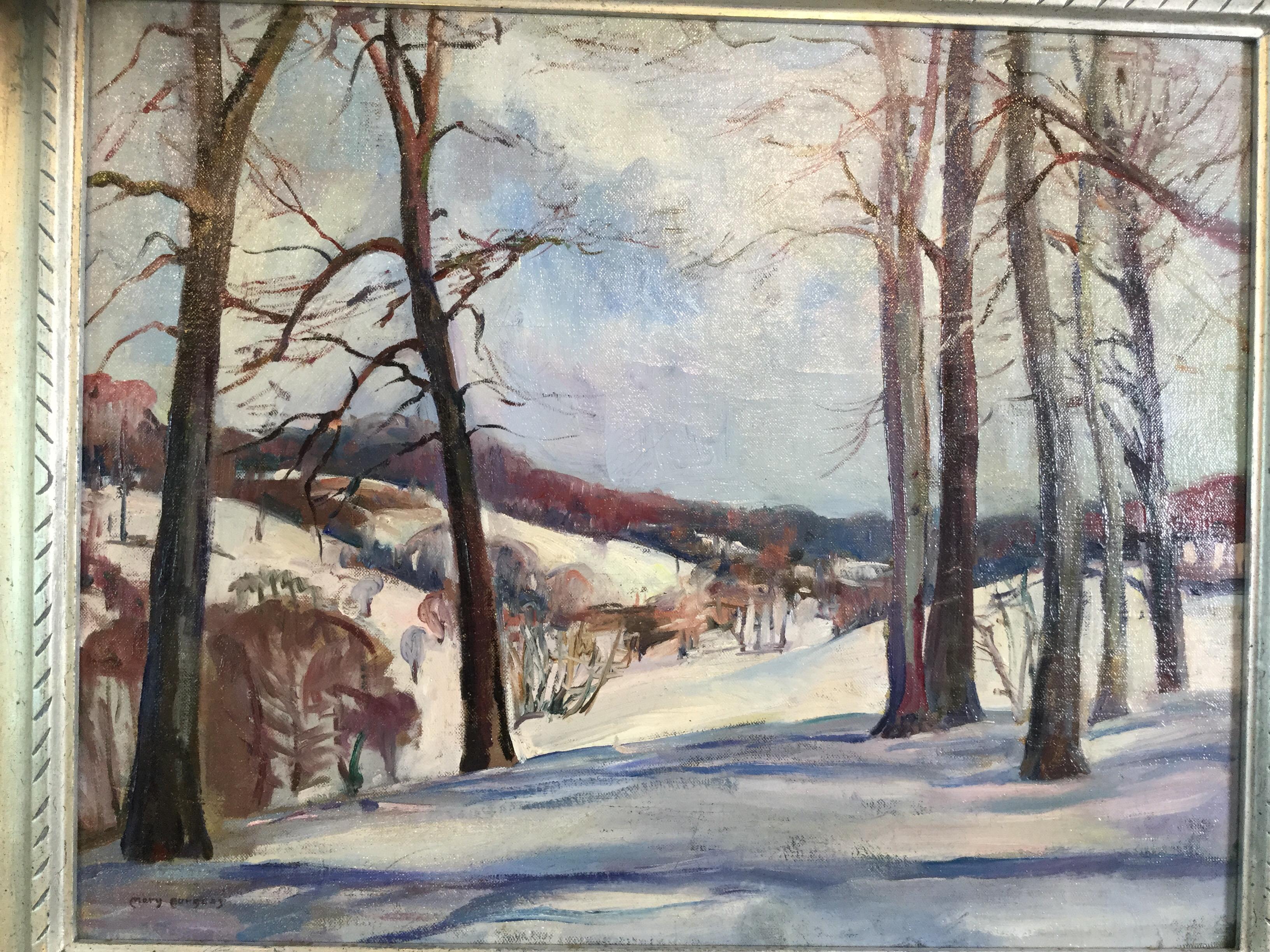 Mary Burgess is of the New Hope School and this is a wonderful Pennsylvania Impressionist winter landscape in its original frame. Signed in lower left corner. Overall size 25