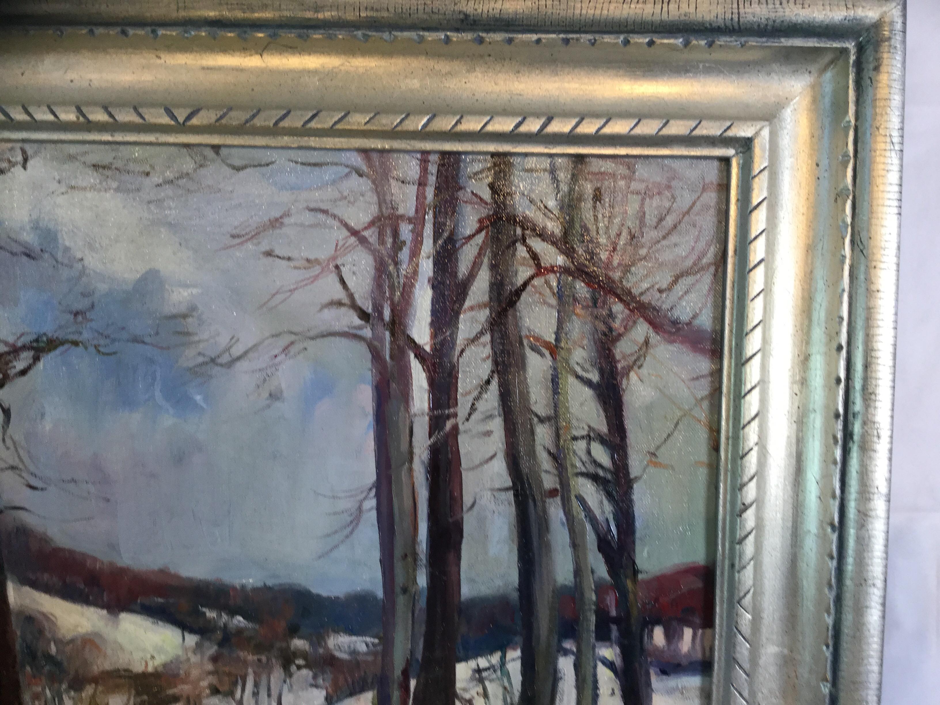 Hand-Painted Mary Burgess Snowscape Pennsylvania Impressionist Oil Painting on Canvas For Sale