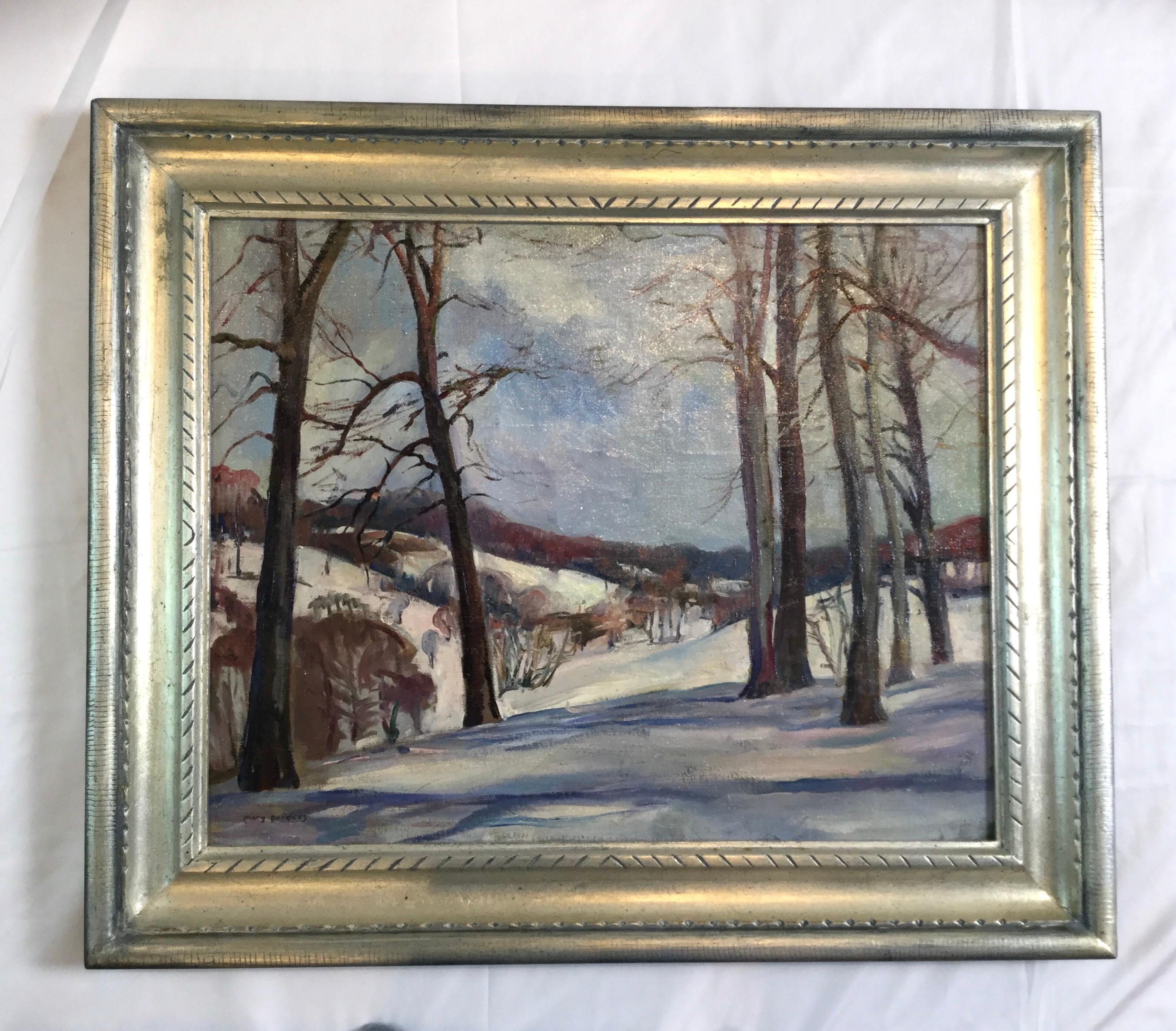 Mary Burgess Snowscape Pennsylvania Impressionist Oil Painting on Canvas In Excellent Condition For Sale In Lambertville, NJ