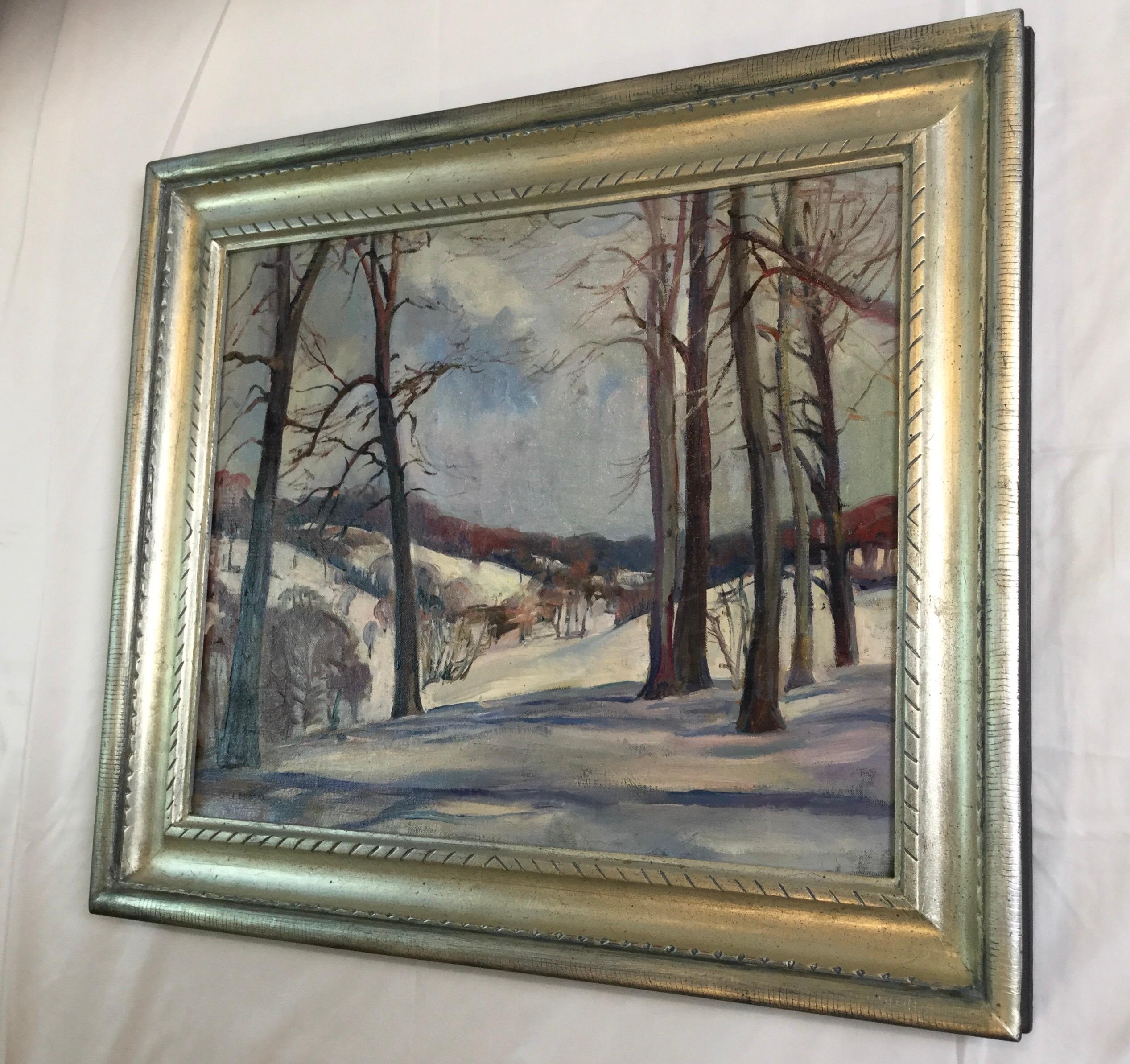 20th Century Mary Burgess Snowscape Pennsylvania Impressionist Oil Painting on Canvas For Sale