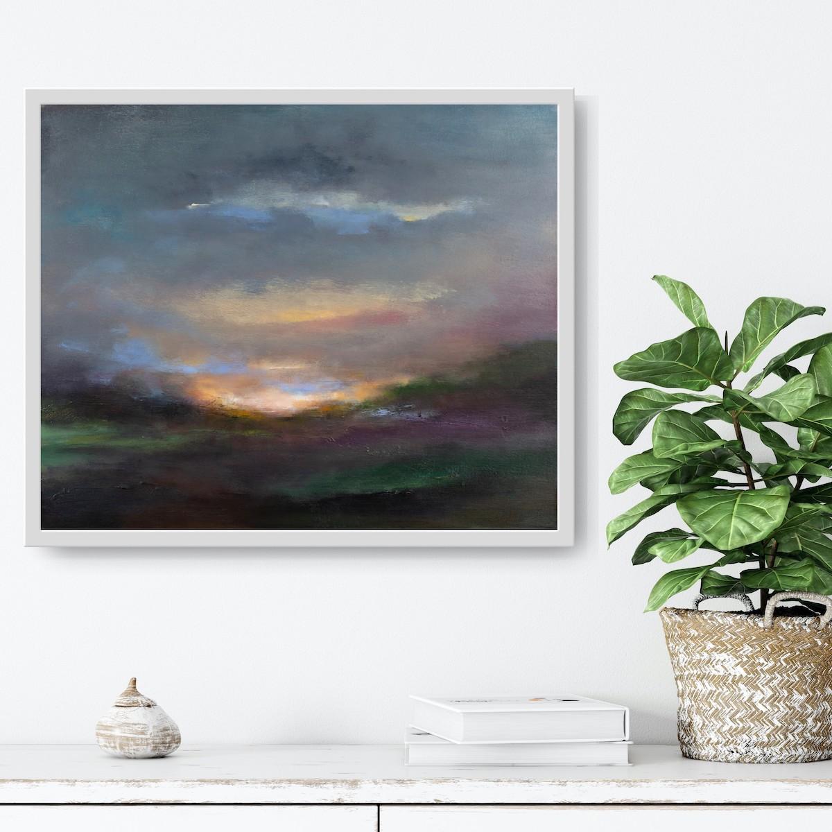 Smouldering Sunset - Black Landscape Painting by Mary Burtenshaw