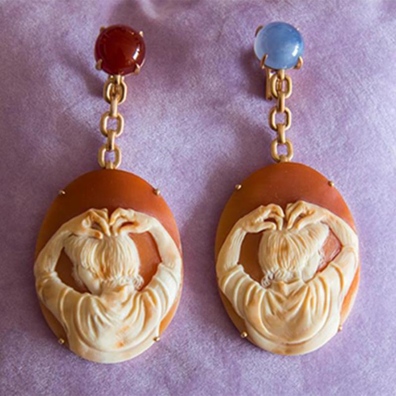 Hand-Carved Mary Cameo Earrings in 18K Gold, Blue Chalcedony and Carnelian by Catherine Opie For Sale