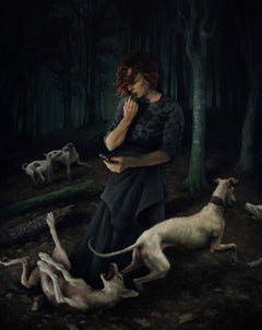 "Delirium" - Original Acrylic Painting of Woman with White Dogs