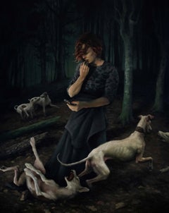 "Delirium" - Peinture originale à l'acrylique d'une femme avec chiens blancs