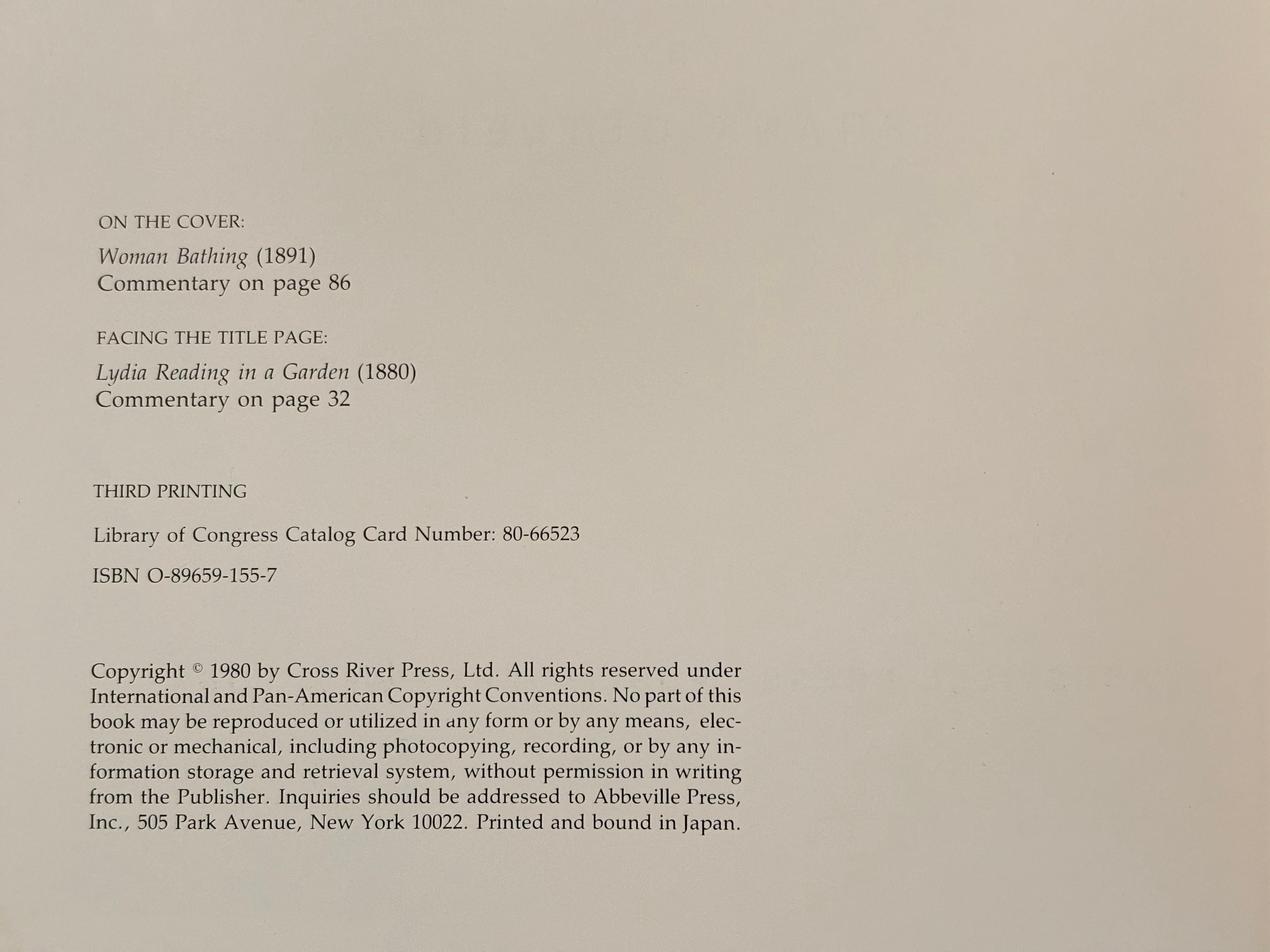 Mary Cassatt, Paintings and Prints by Frank Getlein. Softcover book published in 1980 by Abbeville Press of New York. Printed and bound in Japan. Illustrated, 155 pages.