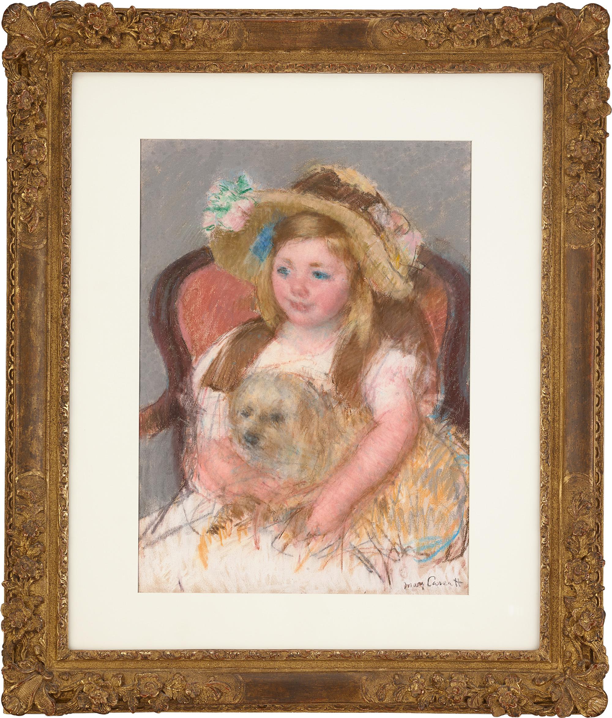Sara sonriente con un gran sombrero y su perro en brazos, de Mary Cassatt en venta 1