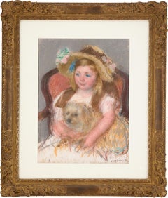 Smiling Sara in a Big Hat Holding Her Dog by Mary Cassatt