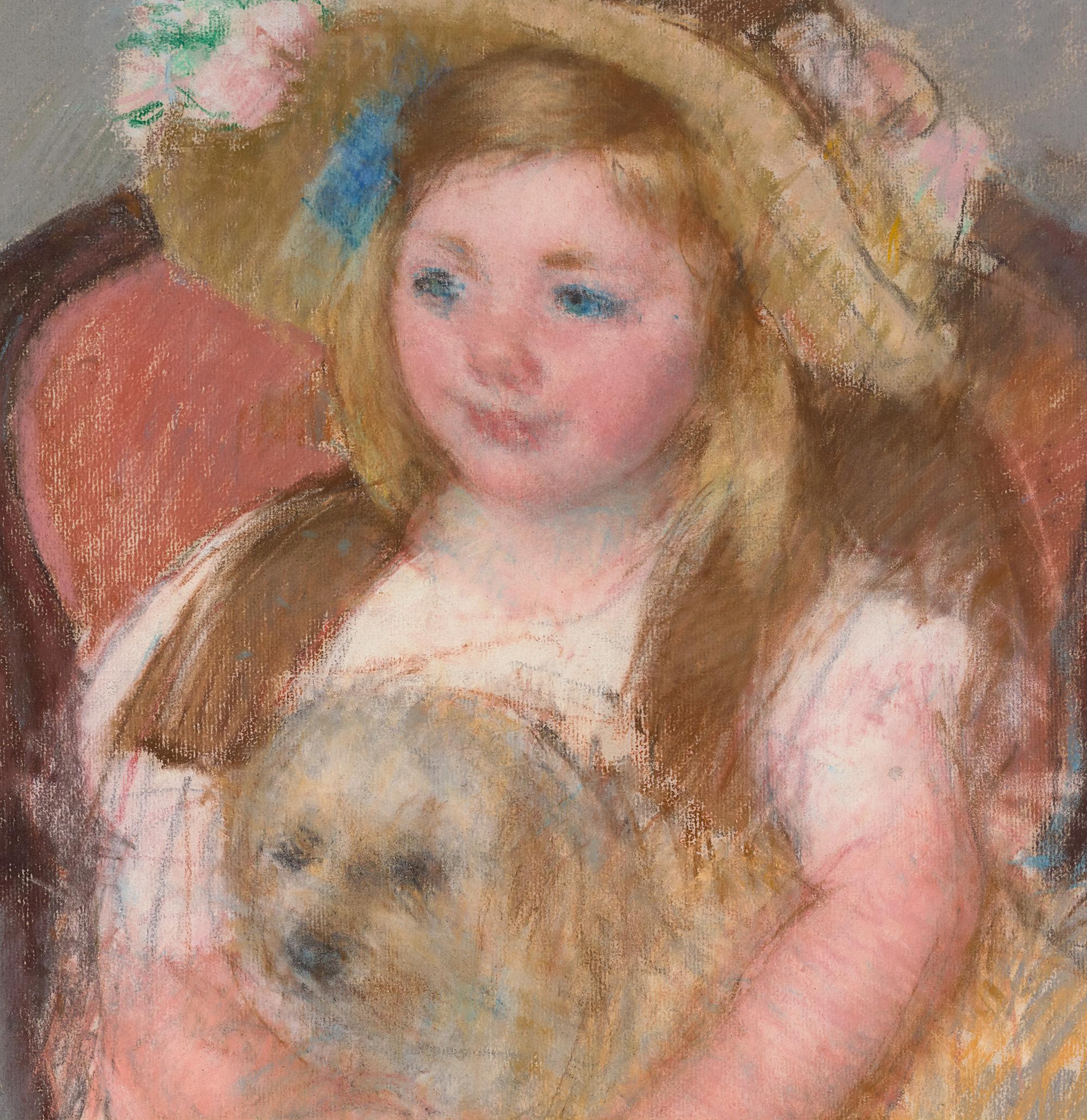 Sara sonriente con un gran sombrero y su perro en brazos, de Mary Cassatt en venta 2