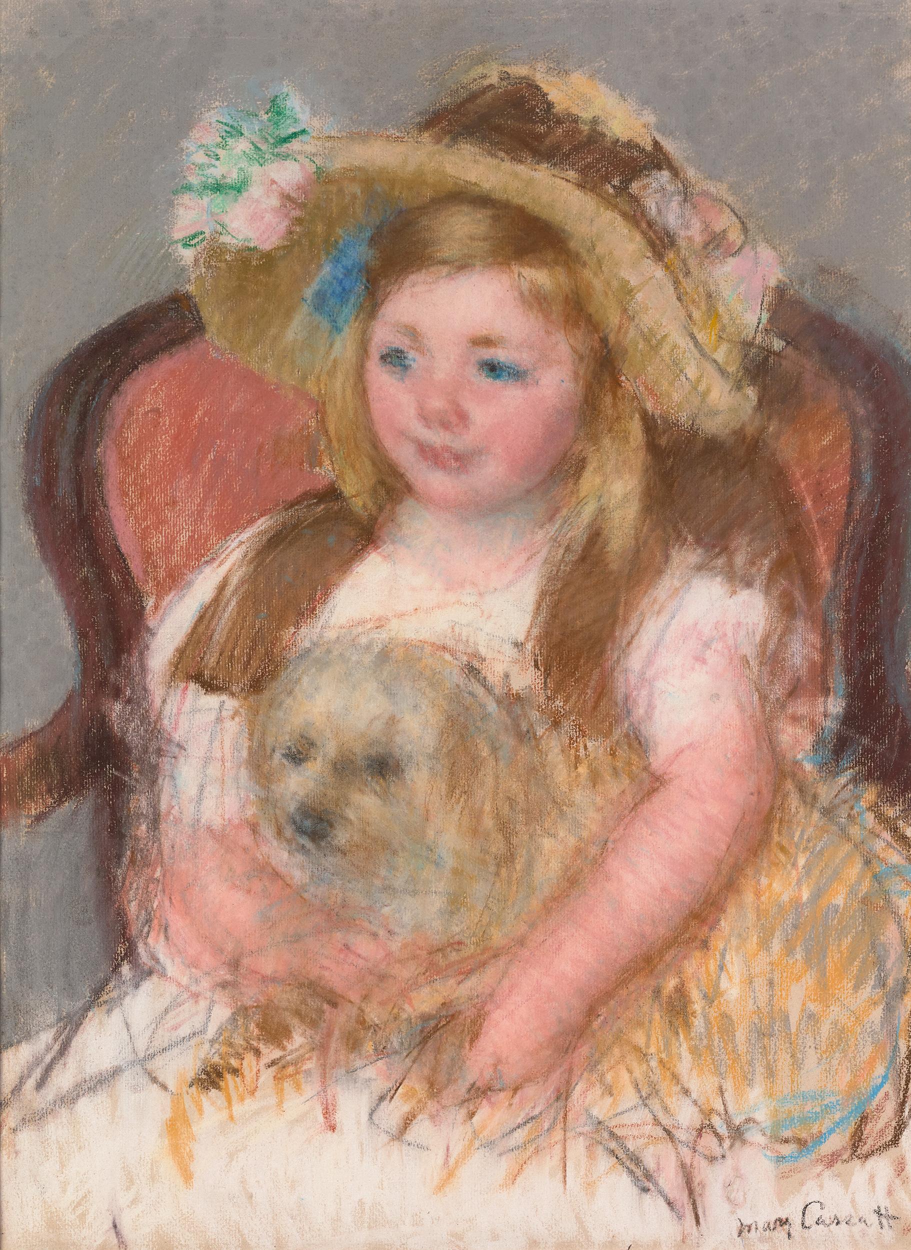 Mary Cassatt
1844–1926  Americana

Sara sonriente con un gran sombrero sujetando a su perro

Firmado "Mary Cassatt" (abajo a la derecha)
Pastel sobre papel

"Me encanta pintar niños. Son tan naturales y veraces. No tienen ningún arrière-pensée