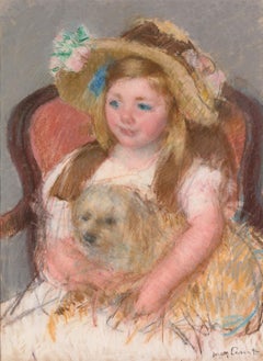 Sara sonriente con un gran sombrero y su perro en brazos, de Mary Cassatt