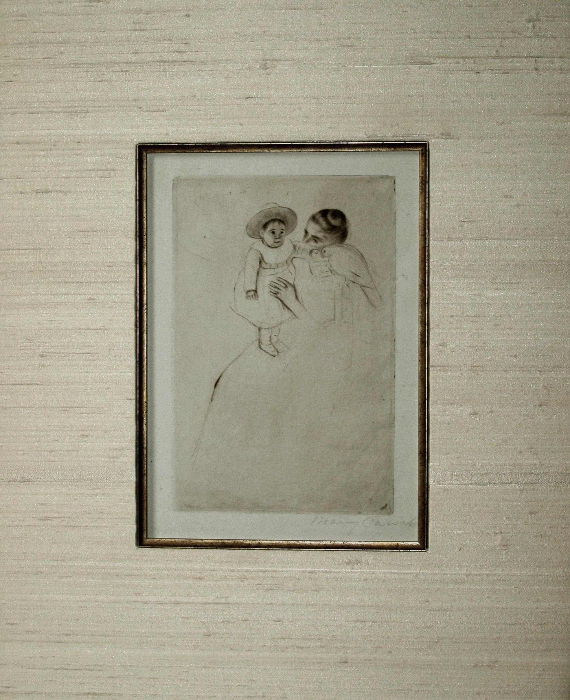 Hélène von Septeuil (enfant au perroquet) (Kind mit Sittich). – Print von Mary Cassatt