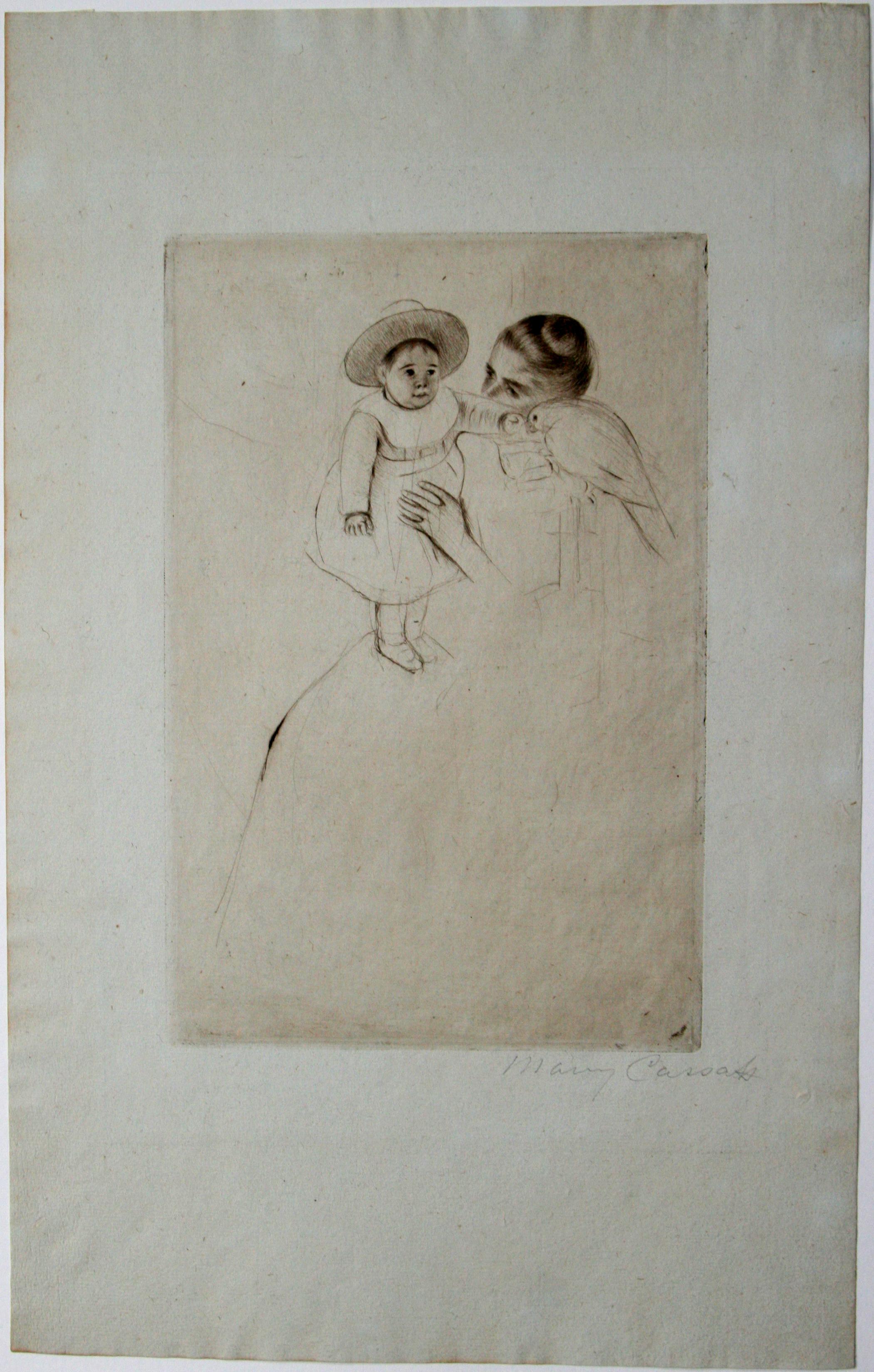 Hélène von Septeuil (enfant au perroquet) (Kind mit Sittich). (Impressionismus), Print, von Mary Cassatt