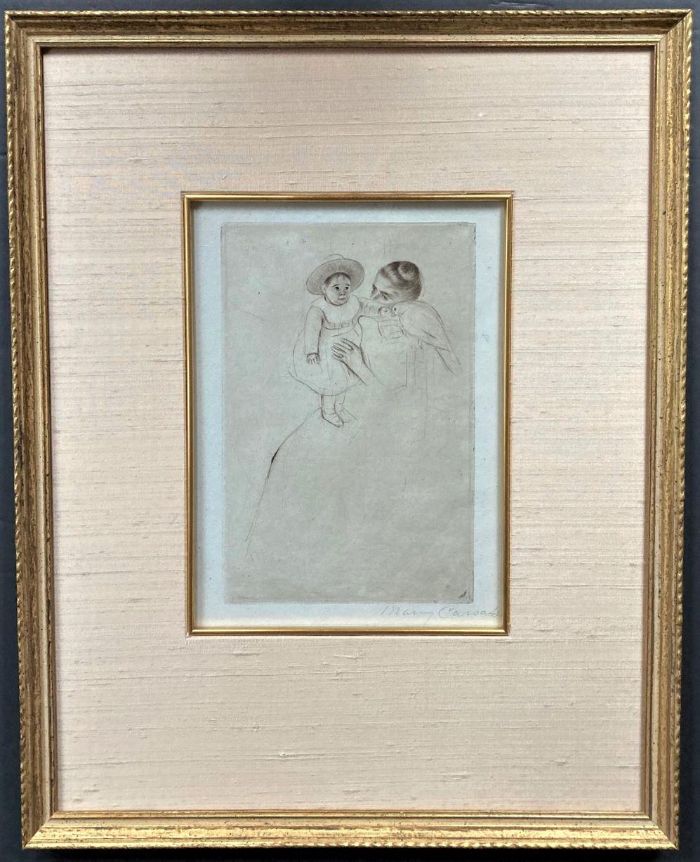Hélène of Septeuil (enfant au perroquet) (child with a parakeet). c. 1889-1890. Drypoint. Breeskin, 134.v. 9 3/8 x 6 1/4 (sheet 15 3/4 x 9 7/8). A rich impression with burr and plate tone. Printed on antique blue-green laid paper with a F and AGL
