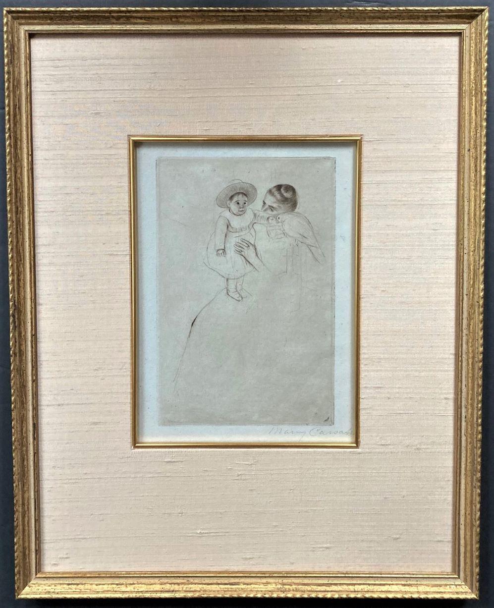 Hélène von Septeuil (enfant au perroquet) (Kind mit Sittich). ca. 1889-1890. Kaltnadelverfahren. Breeskin, 134.v. 9 3/8 x 6 1/4 (Blatt 15 3/4 x 9 7/8). Ein reicher Abdruck mit Grat und Plattenton. Gedruckt auf antikem blaugrünem Büttenpapier mit