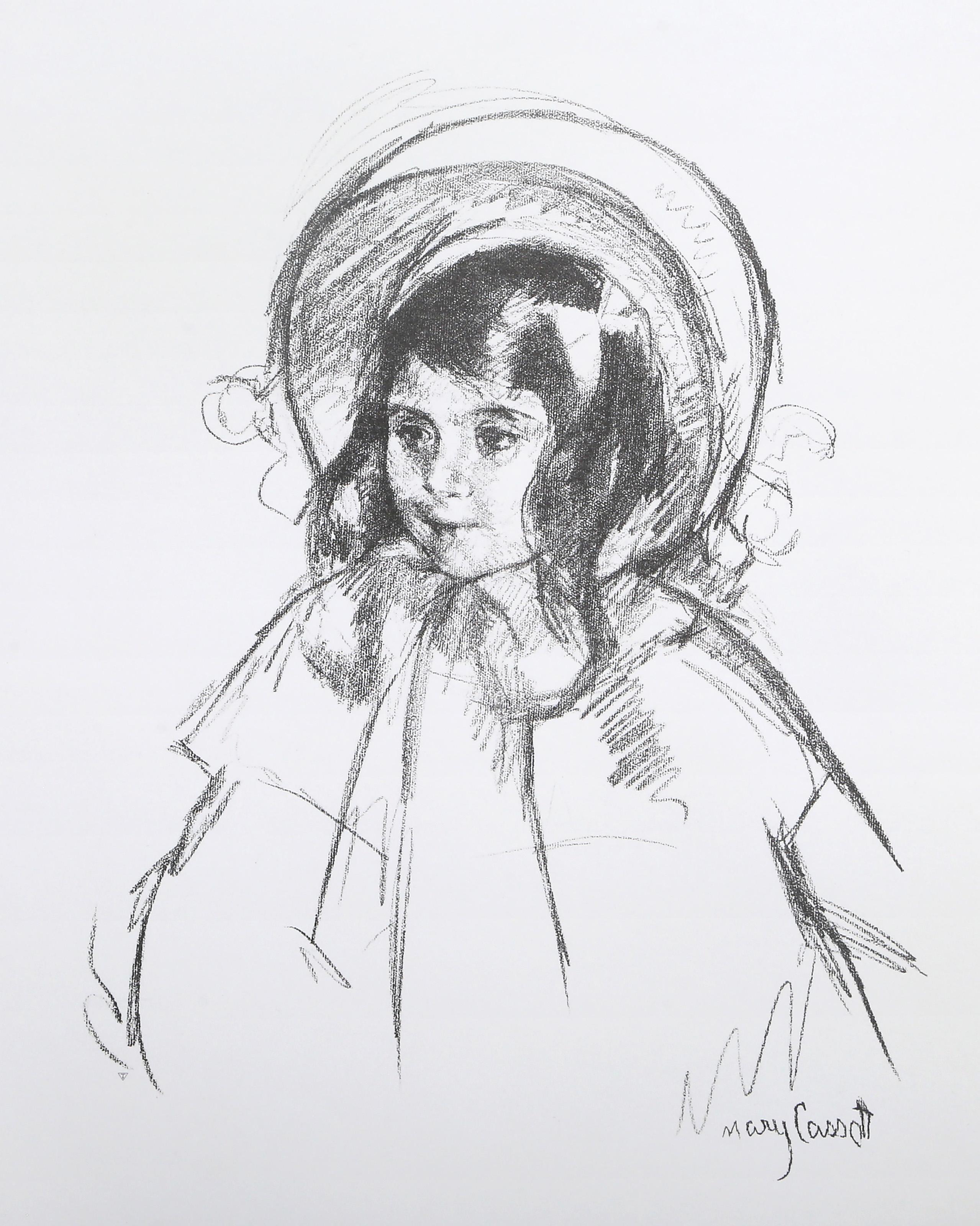Mary Cassatt, dopo, Americana (1844 - 1926) - Sarah con il suo cappellino, Portfolio:  Ventiquattro capolavori dell'arte grafica, Anno:  Anno di stampa 1974, Media:  Collotype, Dimensioni dell'immagine:  14 x 11 pollici, Dimensioni:  17 x 14 pollici