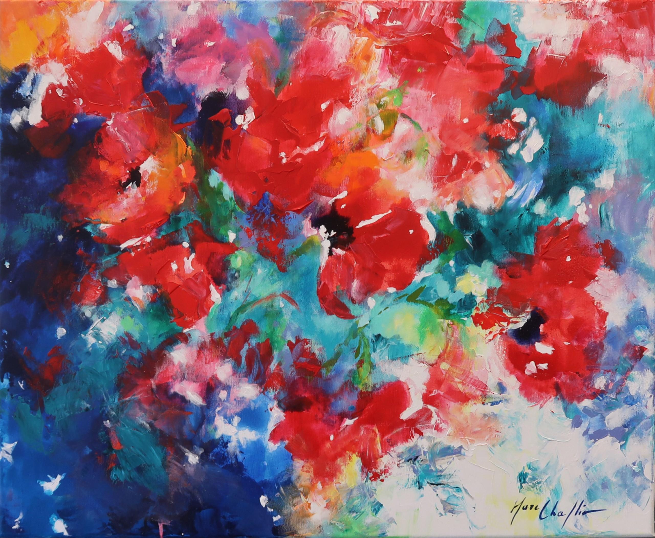Figurative Painting Mary Chaplin  - Après la pluie, peinture florale, art botanique, art floral impressionniste