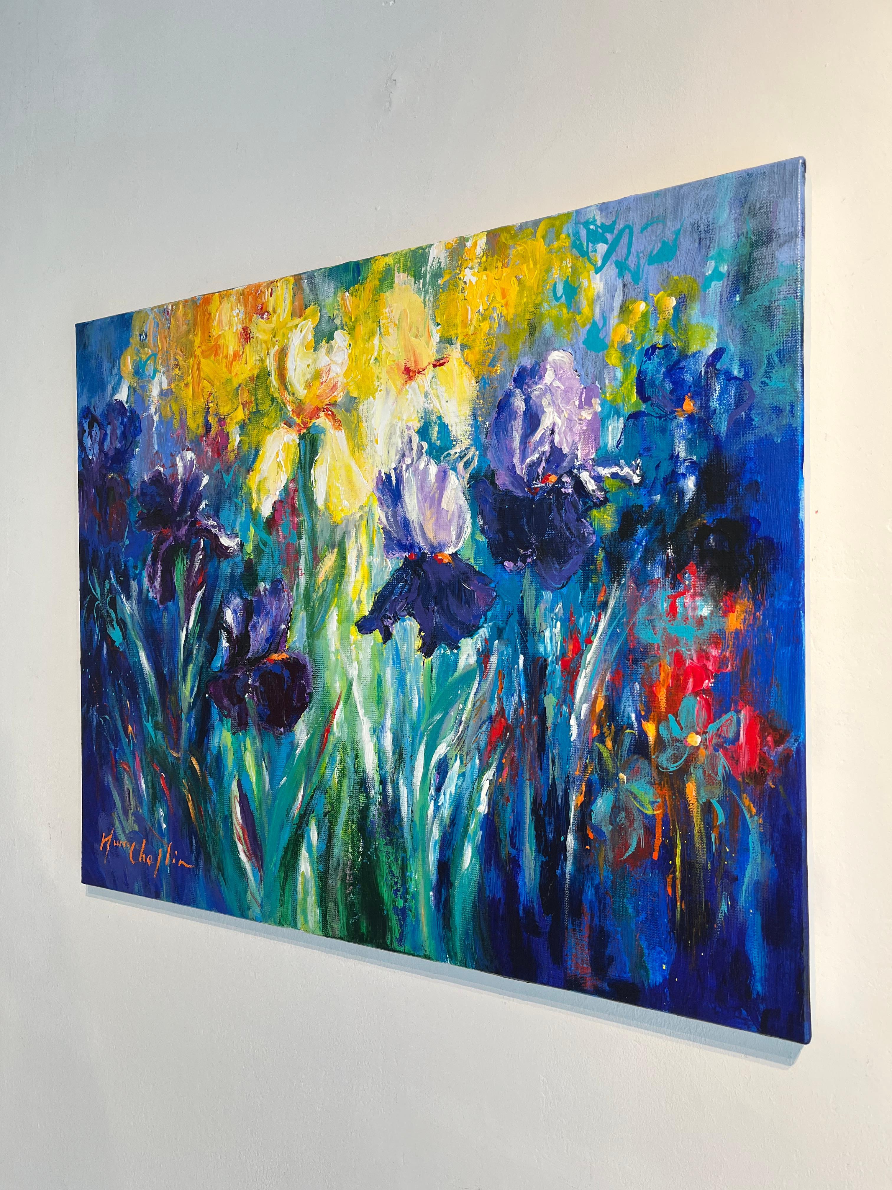 A Sigh in the Breeze-original abstract floral landscape painting- Contemporary  - Bleu Still-Life Painting par Mary Chaplin