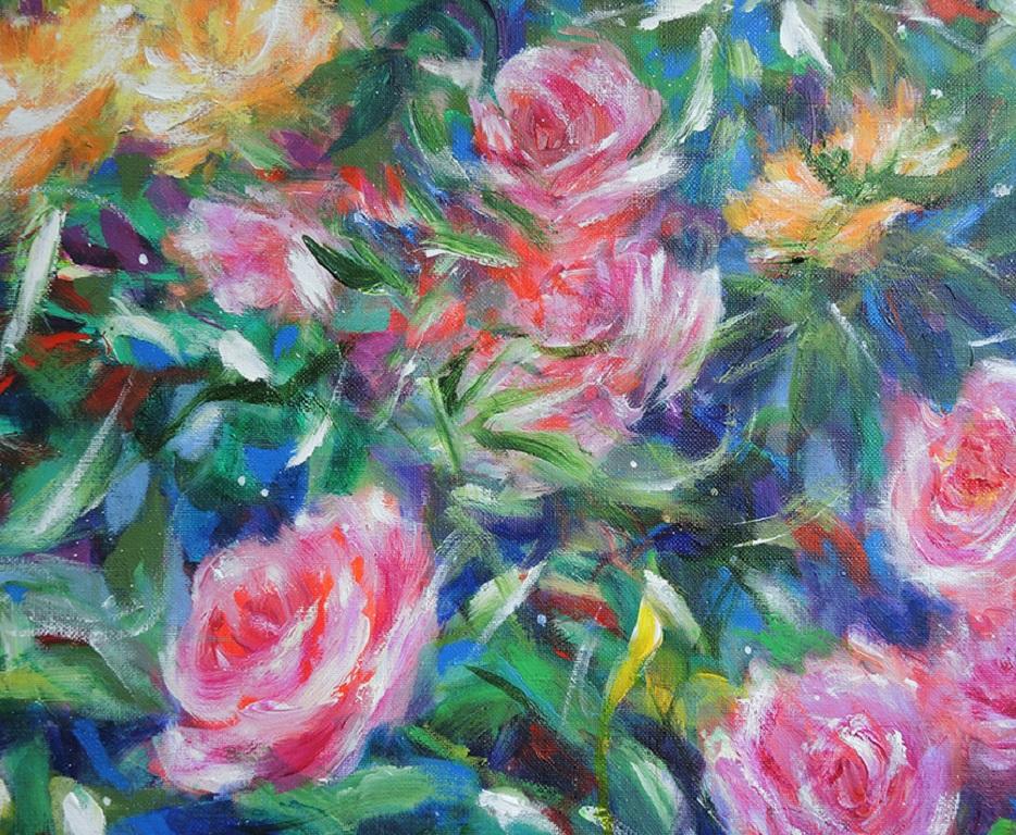 A Walk in the Rose Garden of the Princess Grace of Monaco, Diptych, Original art - Contemporary Painting by Mary Chaplin