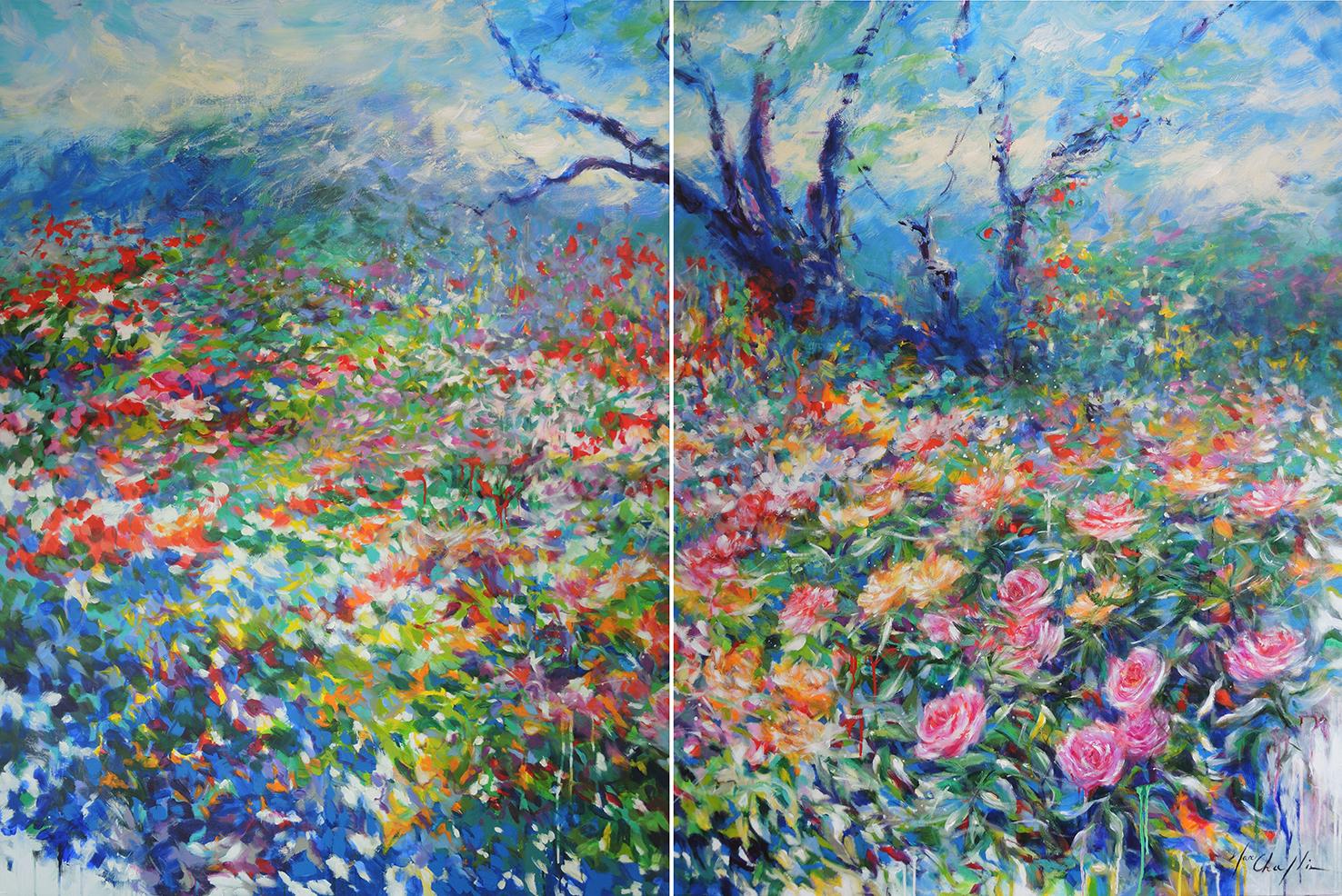 A Walk in the Rose Garden of the Princess Grace of Monaco, Diptych, Original art