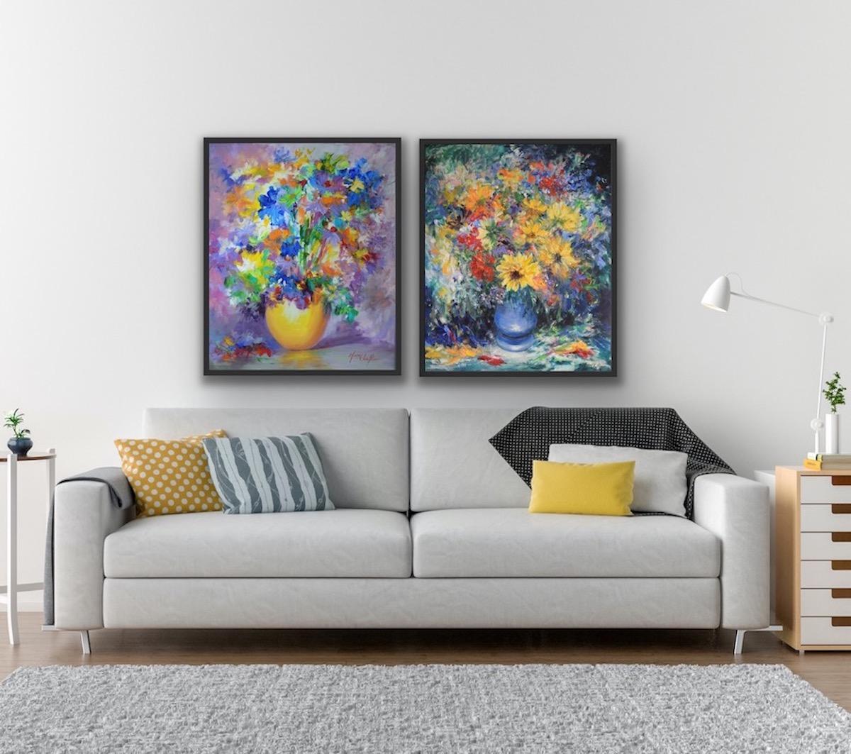 Diptych of two original paintings, Autumn Glory and September Glory by Mary Chaplin

Autumn Glory:
Autumn Glory is an impressionistic bouquet: Sun flowers, rubeckias, asters make up this bouquet collected in the garden of the artist who could not