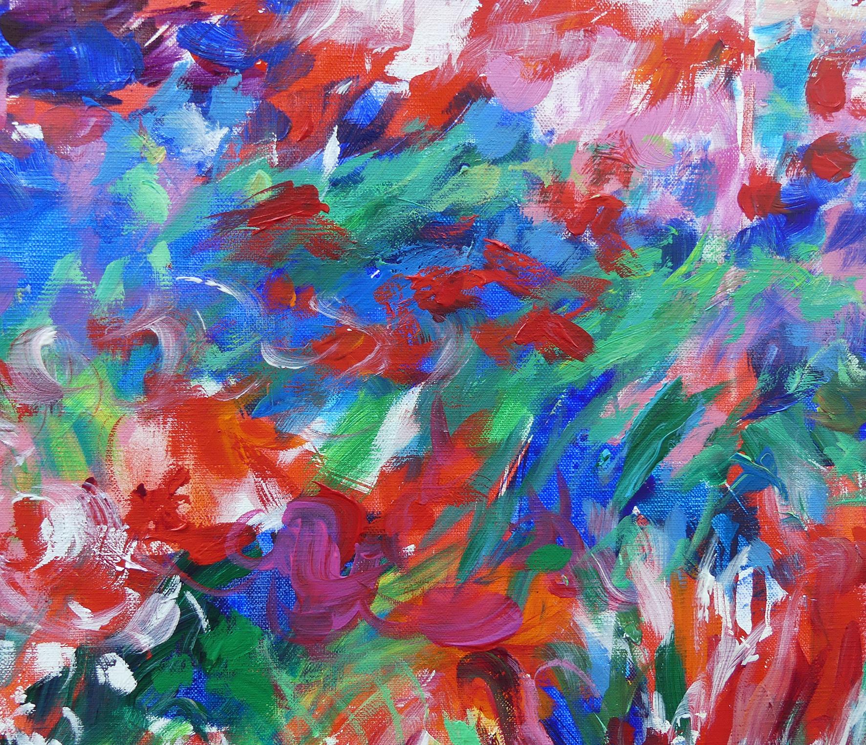 Blue abstract field is a diptych representing a field of poppies and wild flowers gently blowing in the wind a source of great pleasure and inspiration . Mary Chaplin painted this beautiful scene in her own way between abstraction and impressionism.