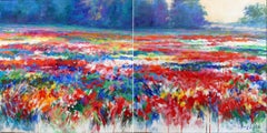 Vintage Blue Abstract Field, Vibrant Abstract Painting, Statement Landscape Art