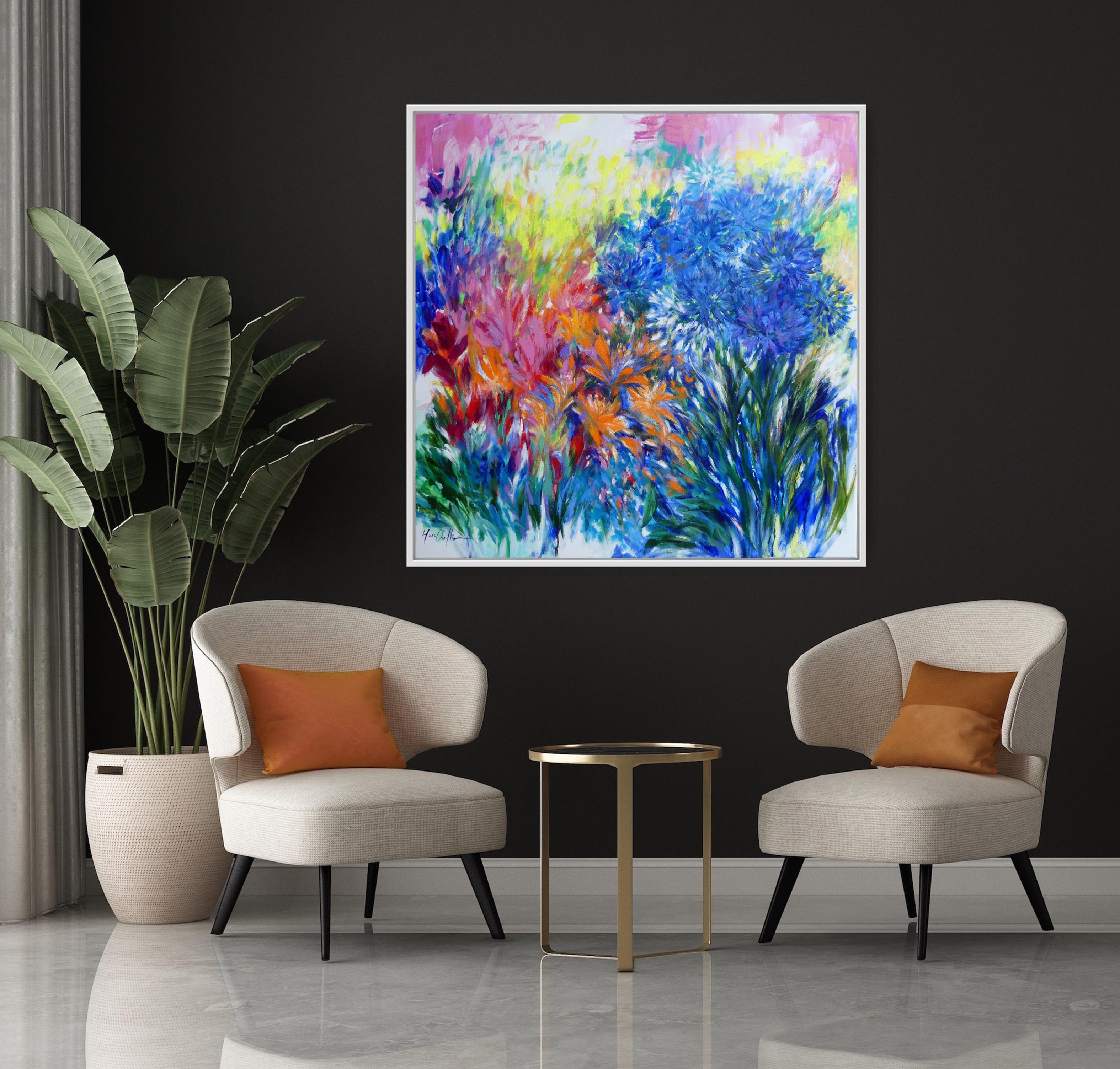 Agapanto blu e hemerocallis, Quadri originali, Primavera, Astratto - Painting di Mary Chaplin