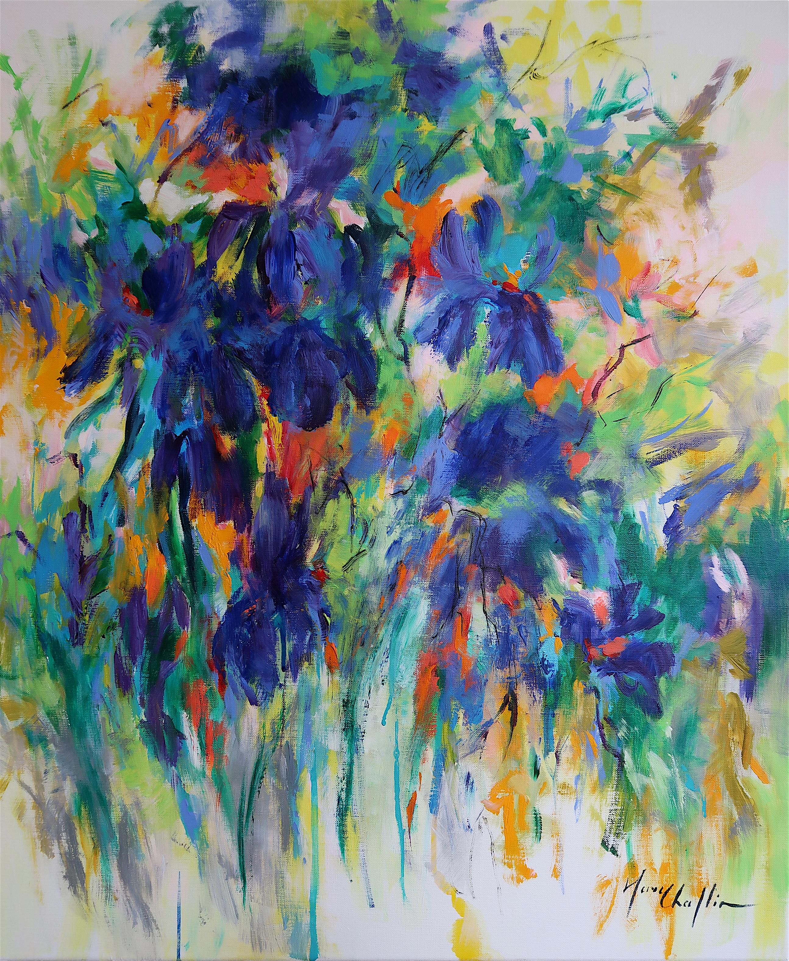 Mary Chaplin Abstract Painting - Blue Spring I abstract floral landscape painting