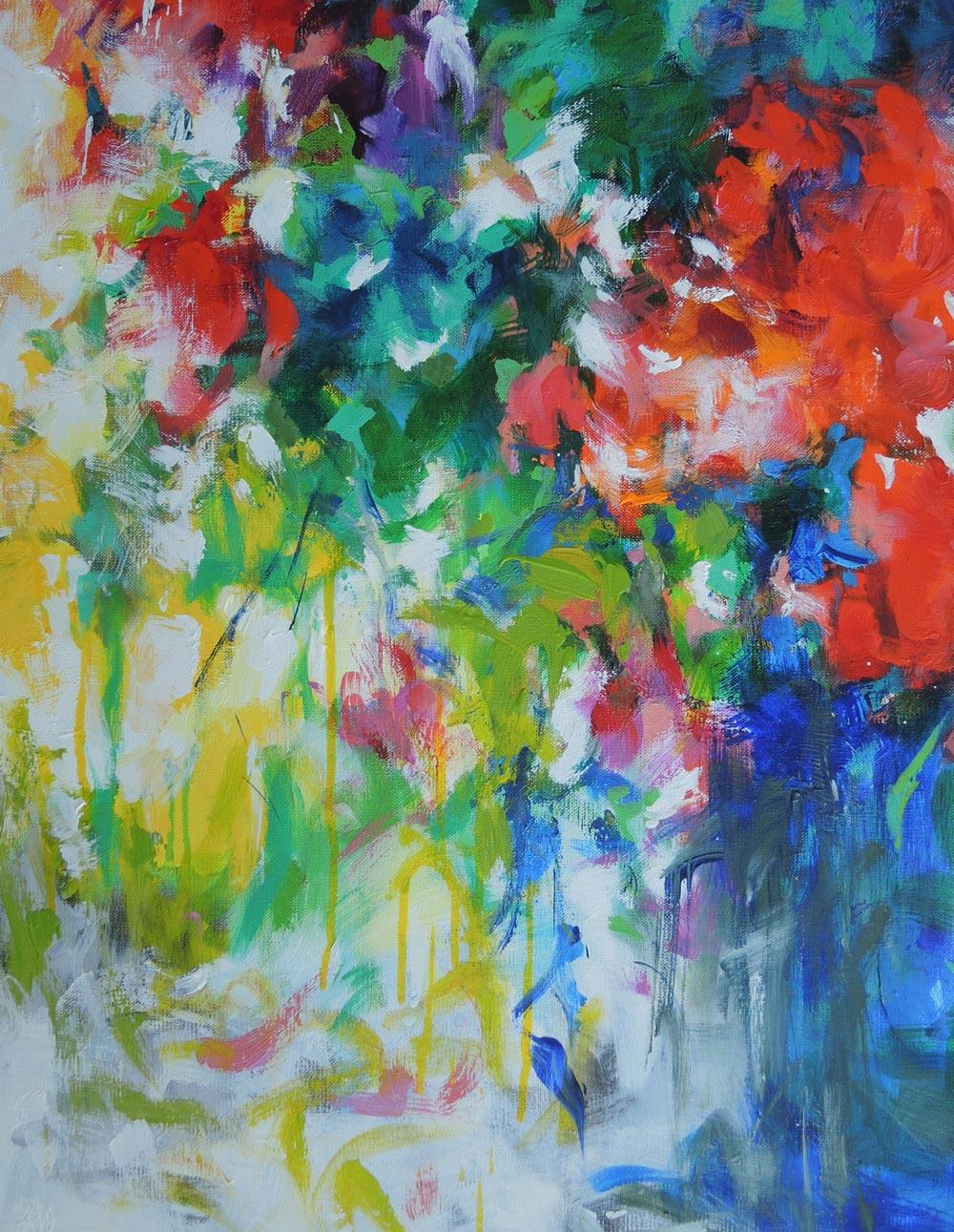 Bouquet in a Blue Vase, colourful abstract flower painting on canvas, Floral art – Painting von Mary Chaplin