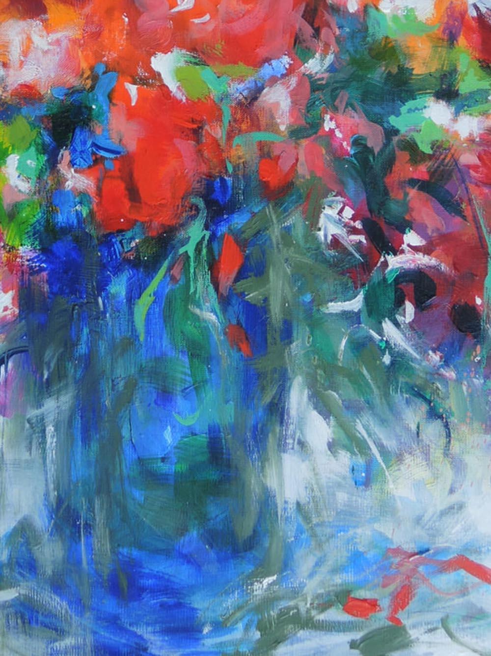 Bouquet in a Blue Vase, colourful abstract flower painting on canvas, Floral art - Abstract Impressionist Painting by Mary Chaplin