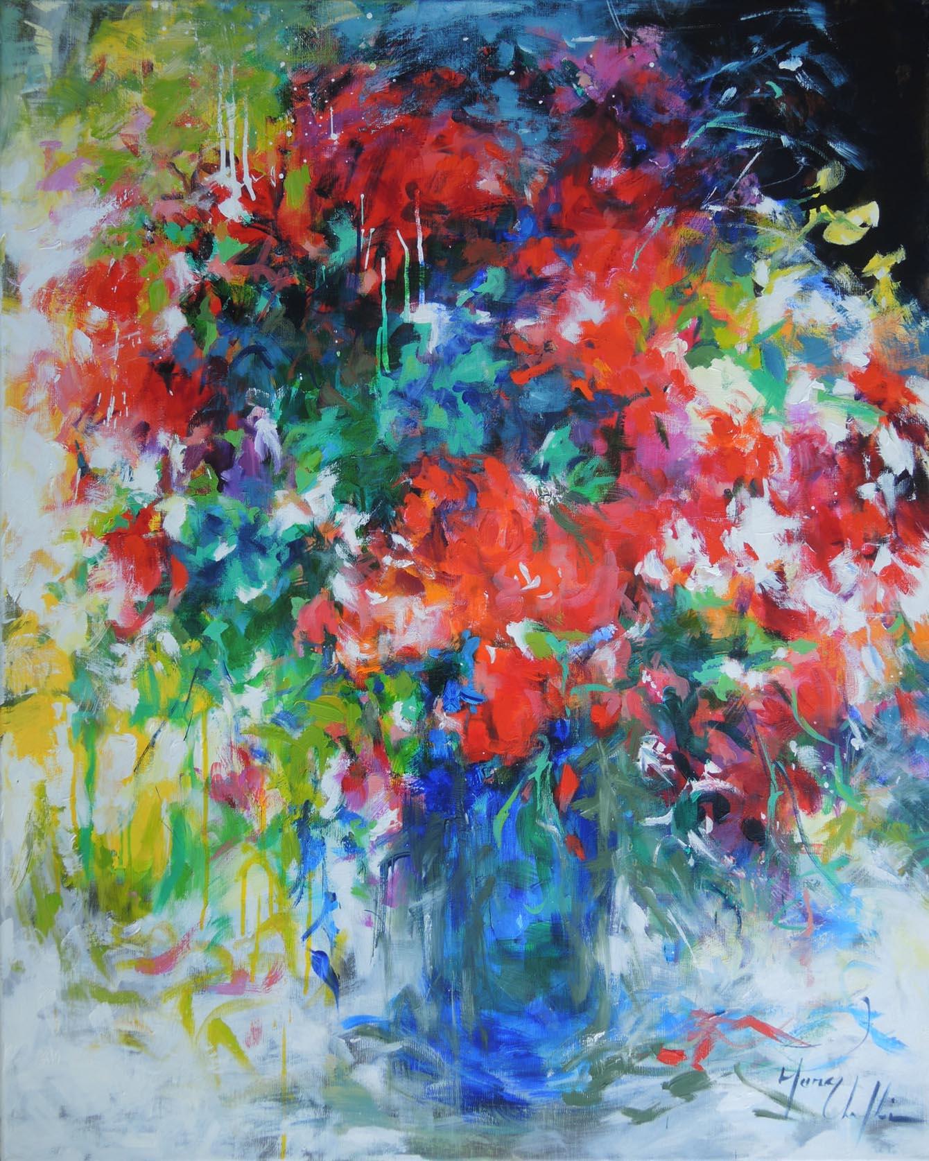 Mary Chaplin Abstract Painting - Bouquet in a Blue Vase, colourful abstract flower painting on canvas, Floral art