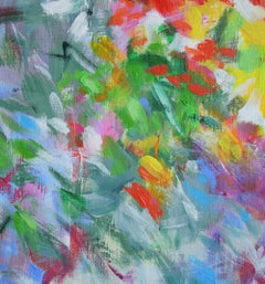 Blumenstrauß in einer gelben Vase, Blumenkunst, farbenfrohes abstraktes Gemälde auf Leinwand