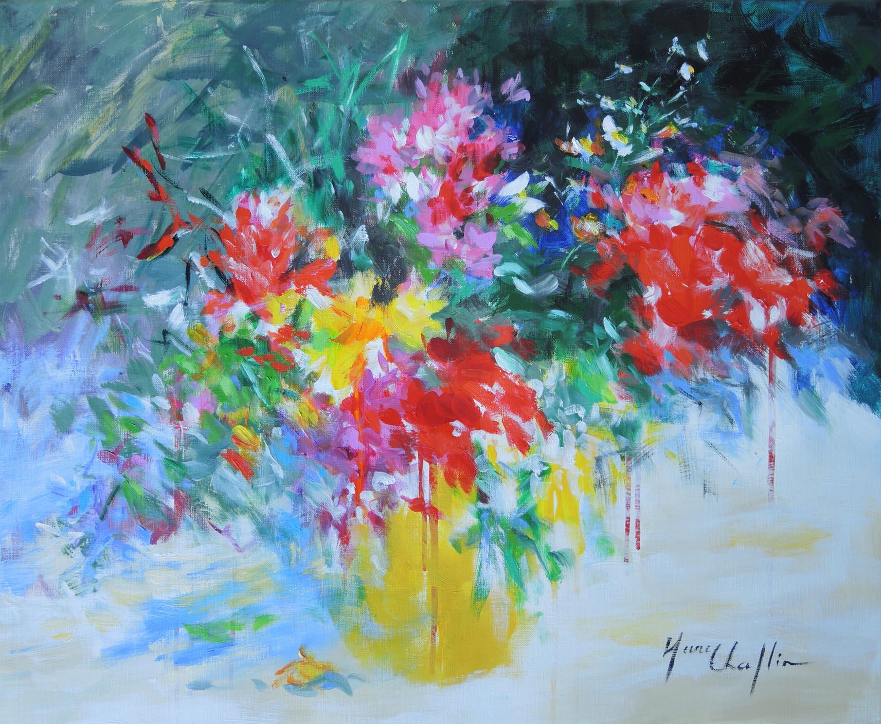Mary Chaplin Abstract Painting - Bouquet in a yellow vase, Floral art, colourful abstract painting on canvas
