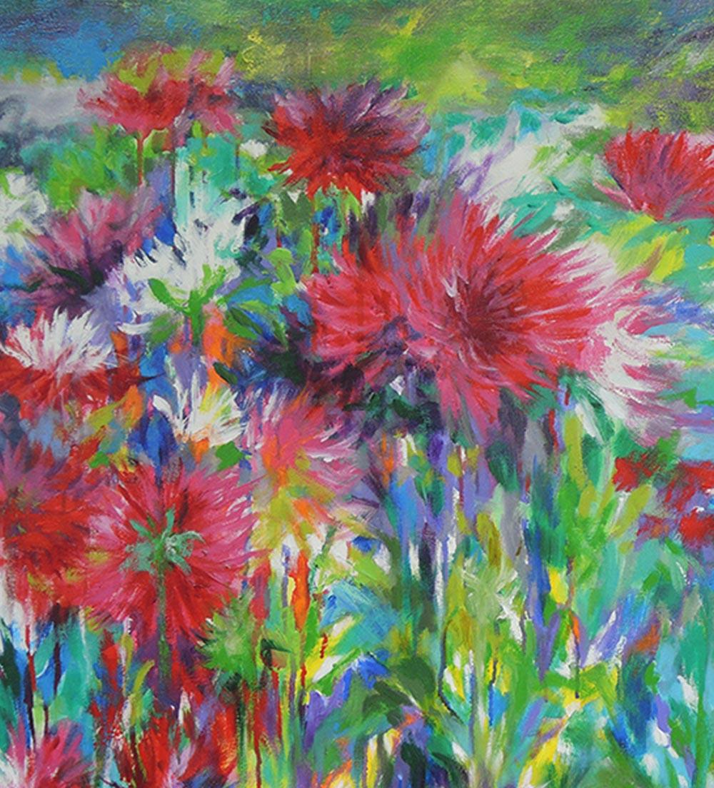 Dahlias, autumn splendor, colourful flower landscape painting , pink , green  – Painting von Mary Chaplin
