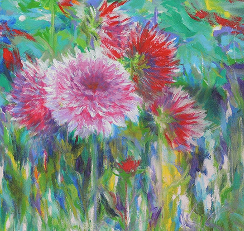 Dahlias, autumn splendor, colourful flower landscape painting , pink , green  (Zeitgenössisch), Painting, von Mary Chaplin