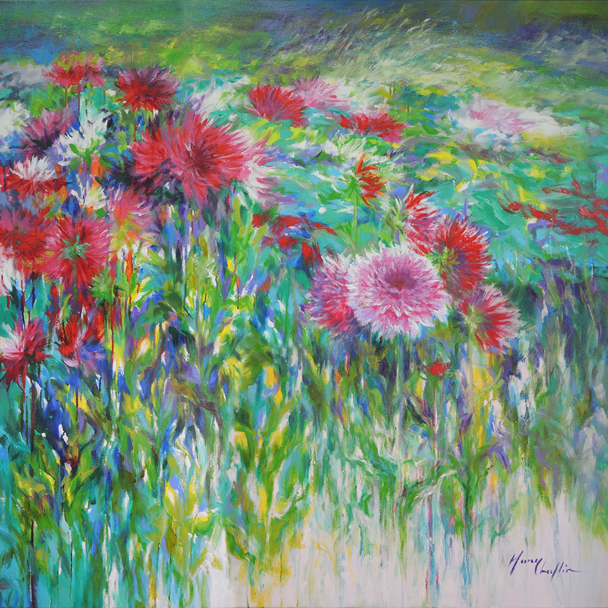 Mary Chaplin Landscape Painting - Dahlias, autumn splendor, colourful flower landscape painting , pink , green 