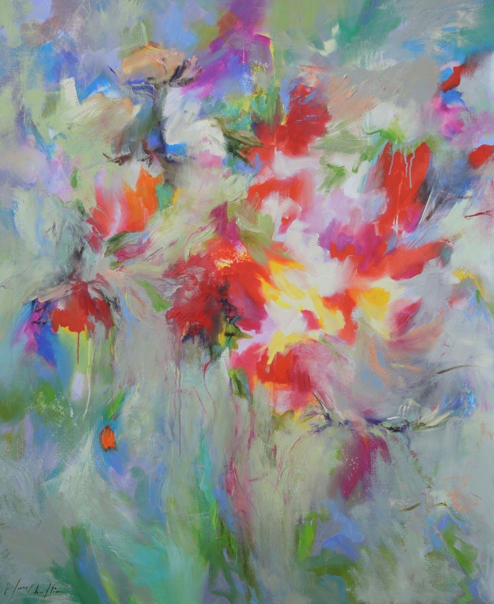 Dreamed Garden, a colourful abstract painting of flowers in France, abstract art - Painting by Mary Chaplin