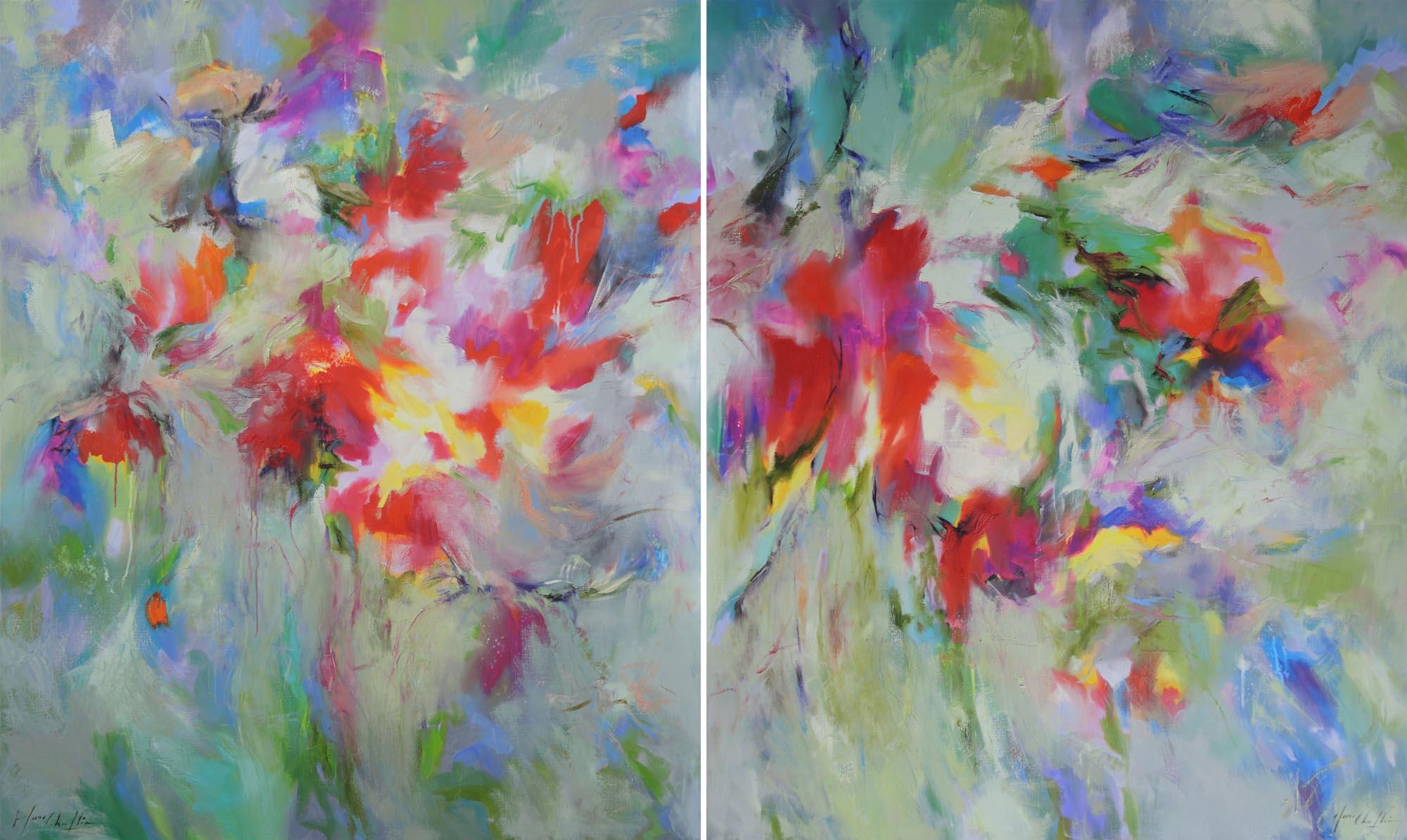 Mary Chaplin Abstract Painting - Dreamed Garden, a colourful abstract painting of flowers in France, abstract art