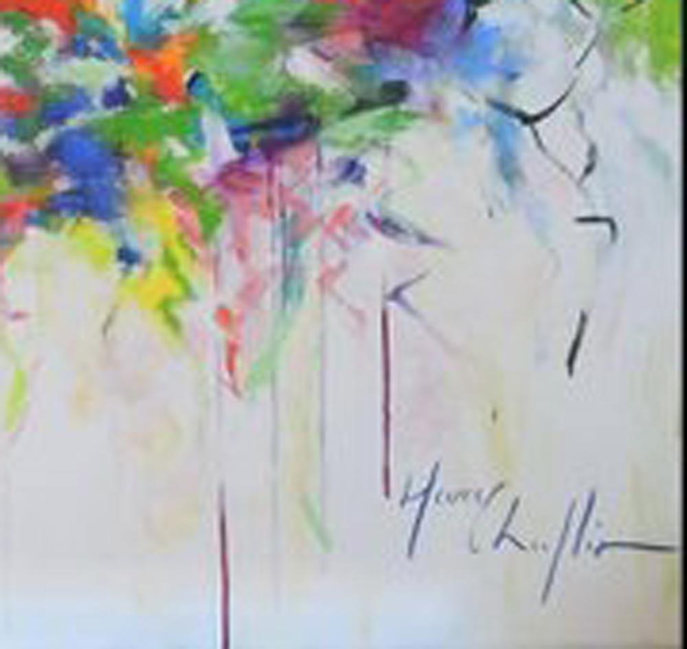 Flower Song, Großes Diptychon Original farbenfrohes Blumenlandschaftsgemälde (Grau), Landscape Painting, von Mary Chaplin