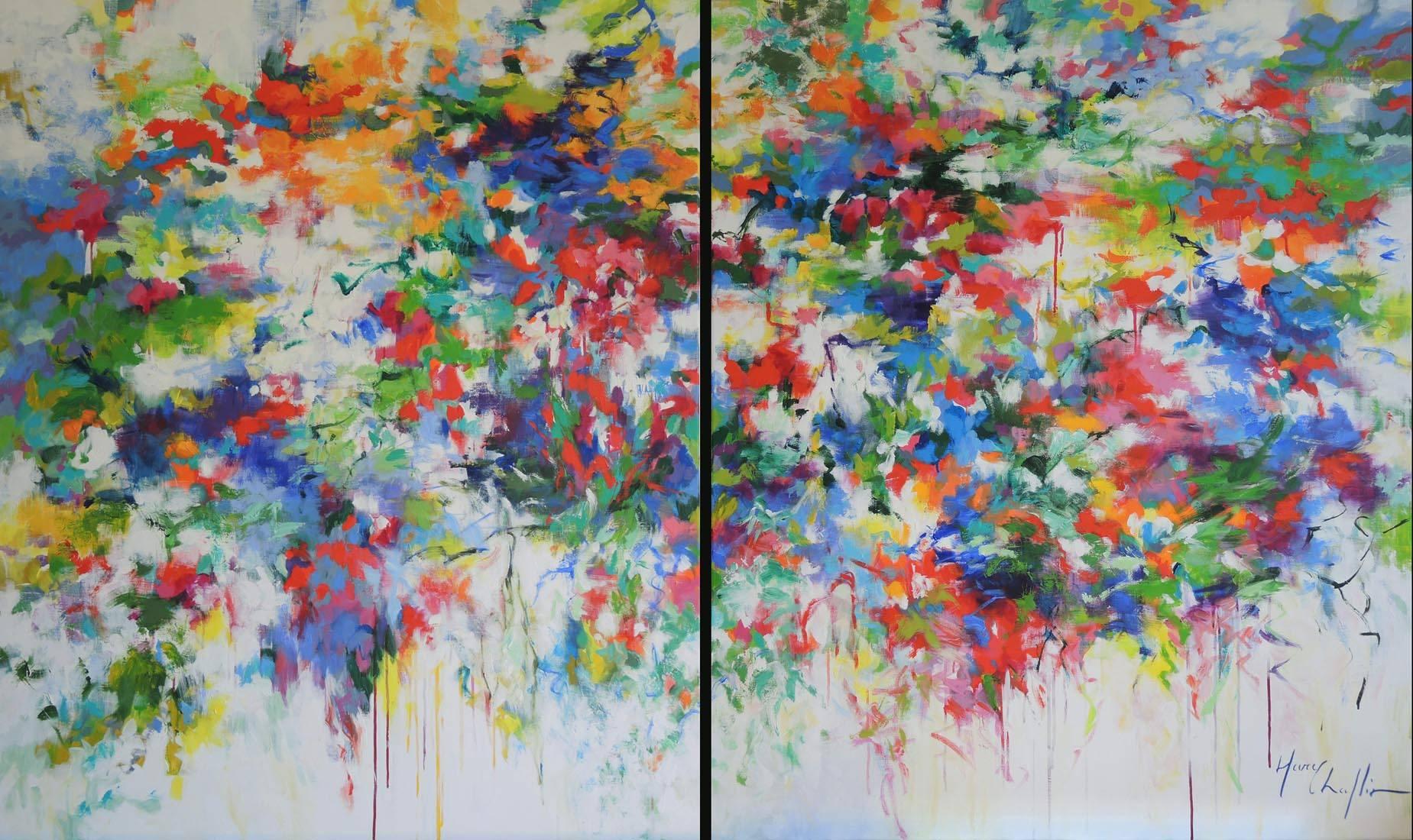 Mary Chaplin Landscape Painting - Flower Song, Large Diptych Original Colourful Floral landscape painting