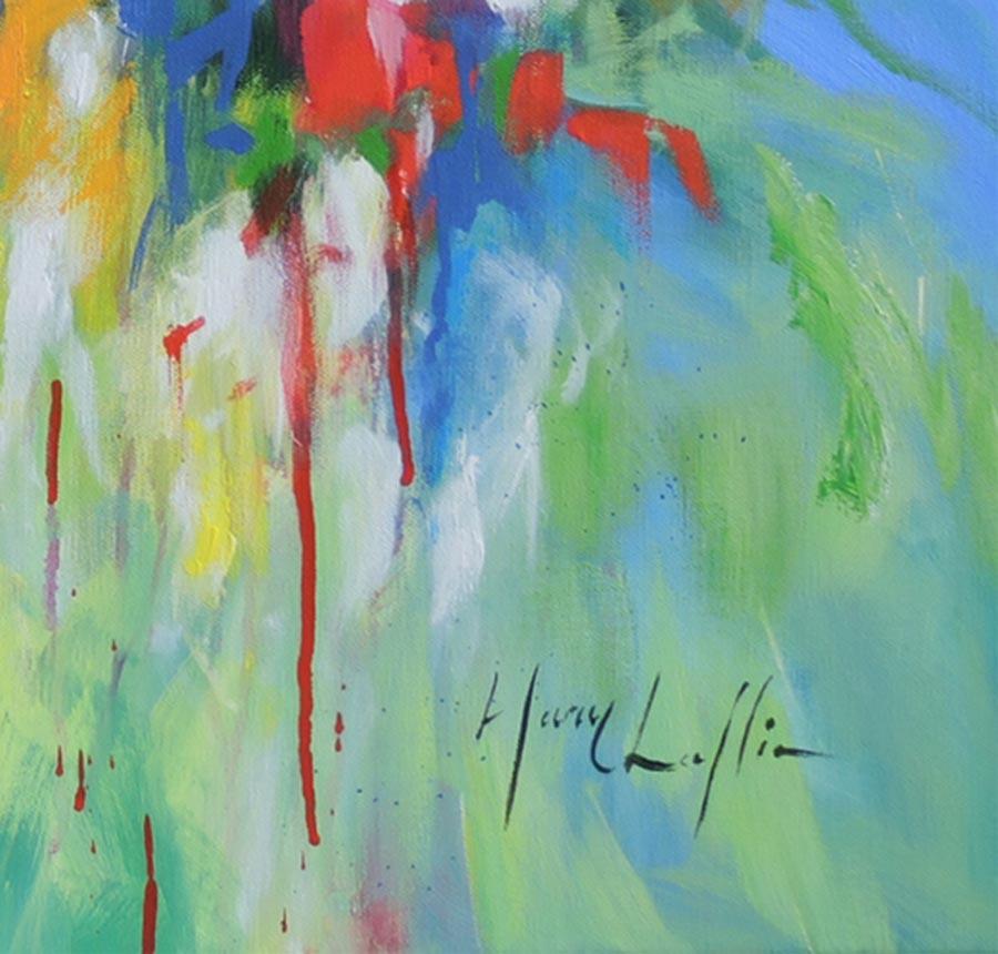 Flowers by the Riverside, abstract flower painting, blue , yellow, red and green - Painting by Mary Chaplin
