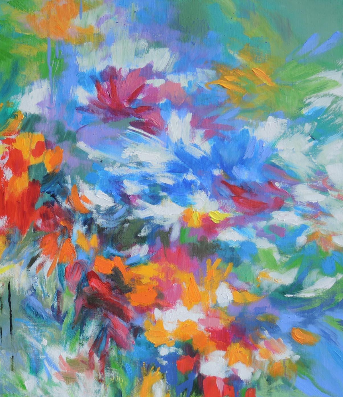 Flowers by the Riverside, peinture de fleurs abstraite, bleue, jaune, rouge et verte - Bleu Landscape Painting par Mary Chaplin