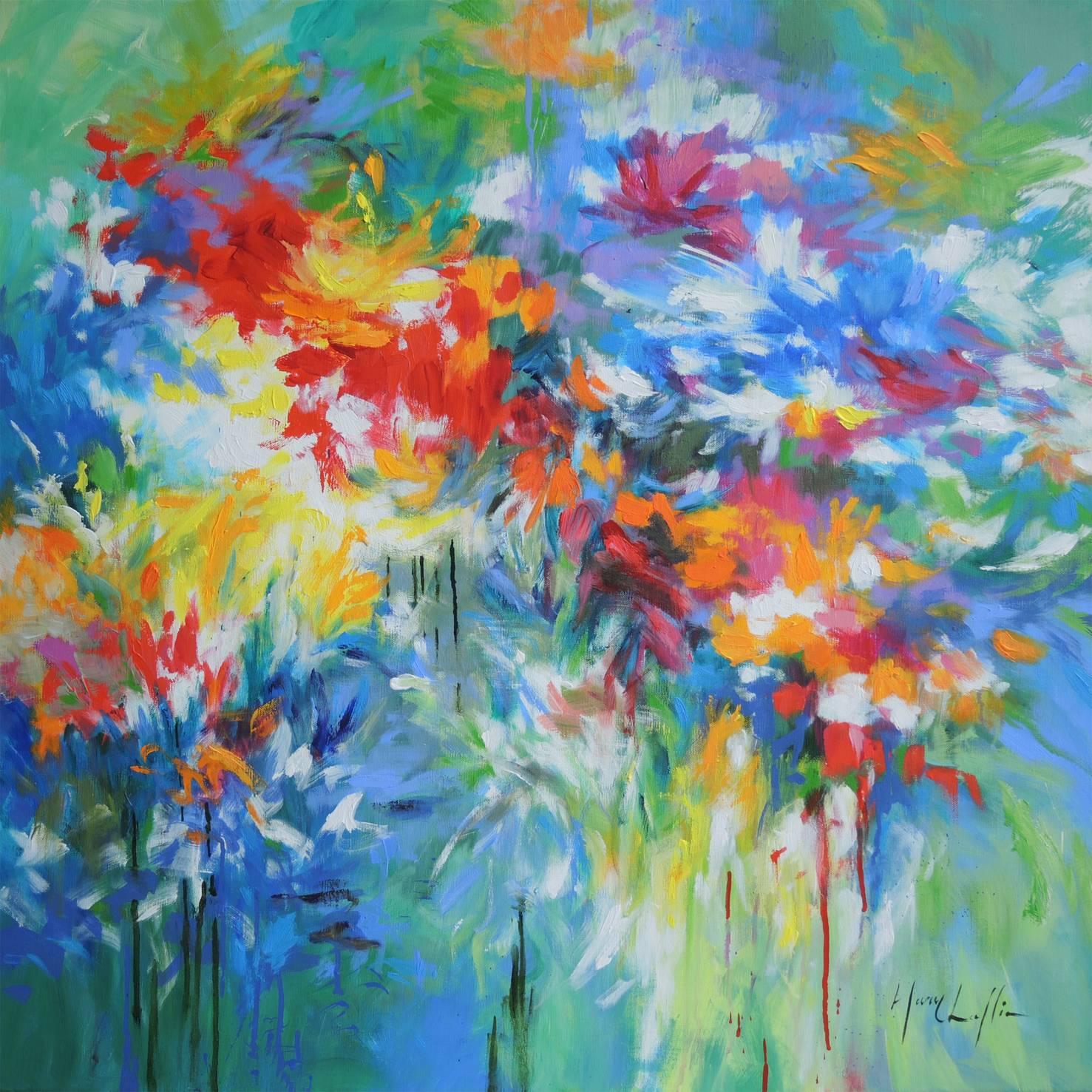 Mary Chaplin Landscape Painting - Flowers by the Riverside, abstract flower painting, blue , yellow, red and green