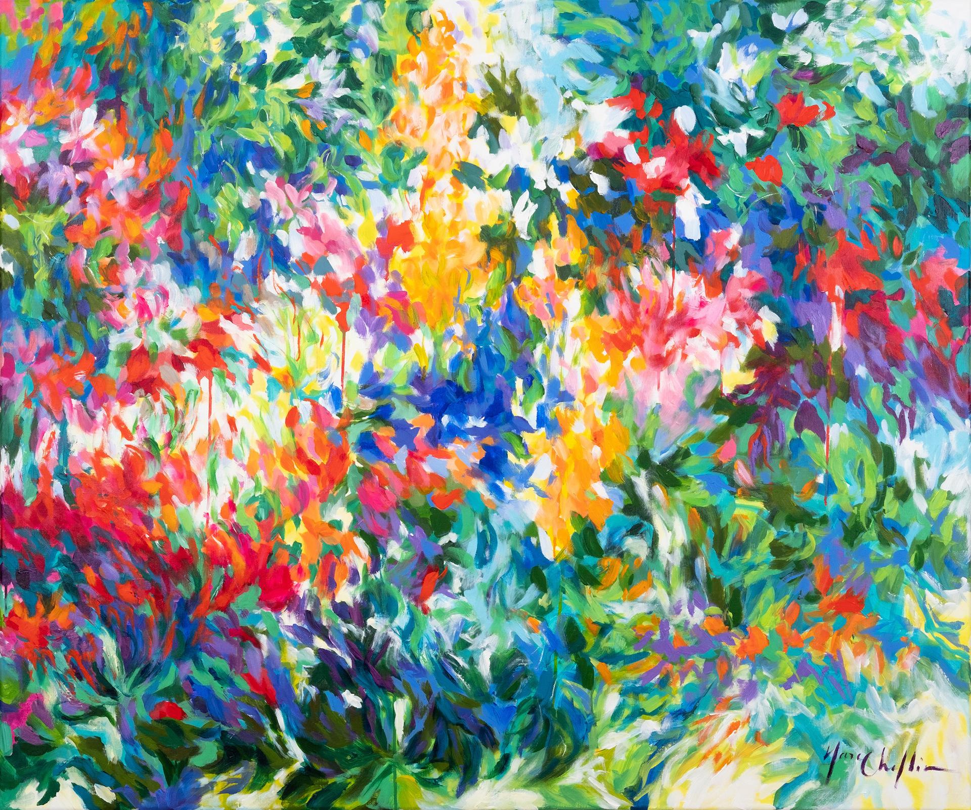 Françoise’s Garden BY MARY CHAPLIN, Bright Art, Large Paintings, Floral Art - Brown Still-Life Painting by Mary Chaplin