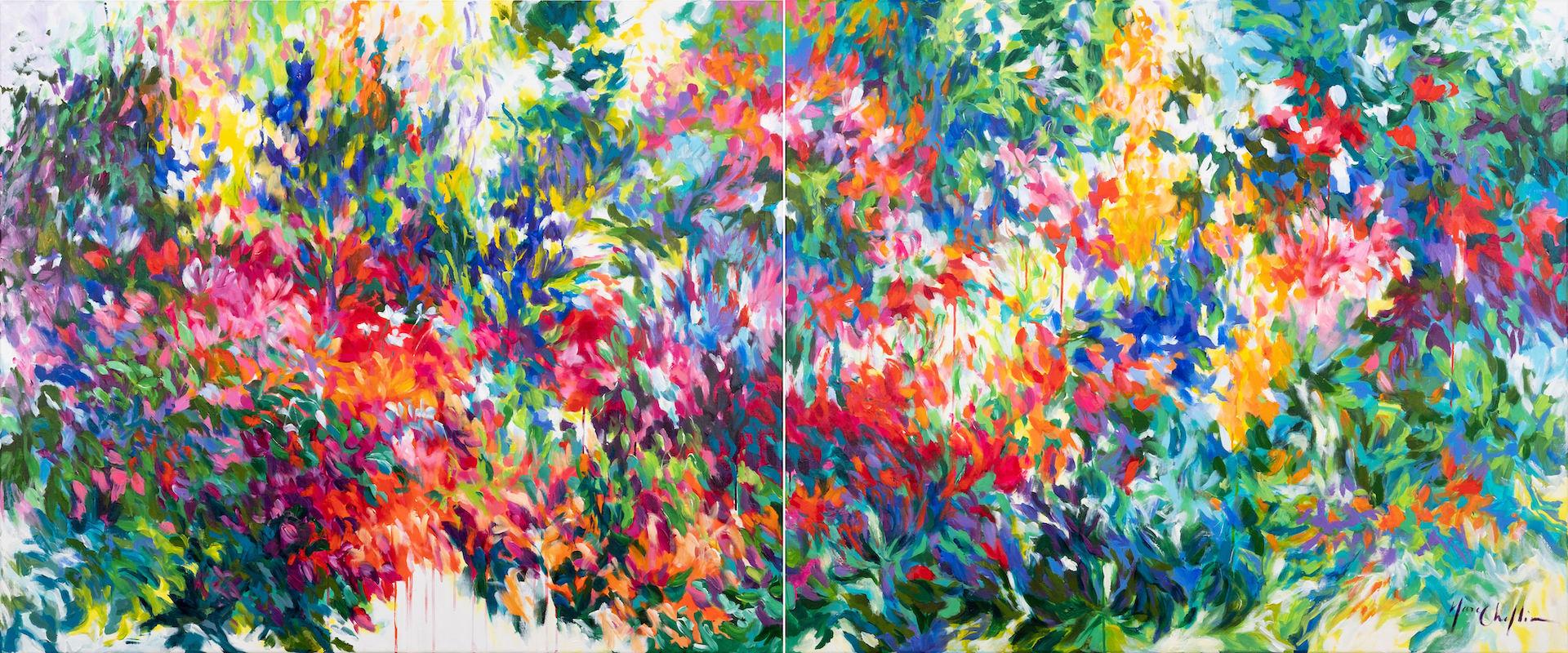 Franoises Garten von MARY CHAPLIN, helle Kunst, große Gemälde, geblümte Kunst