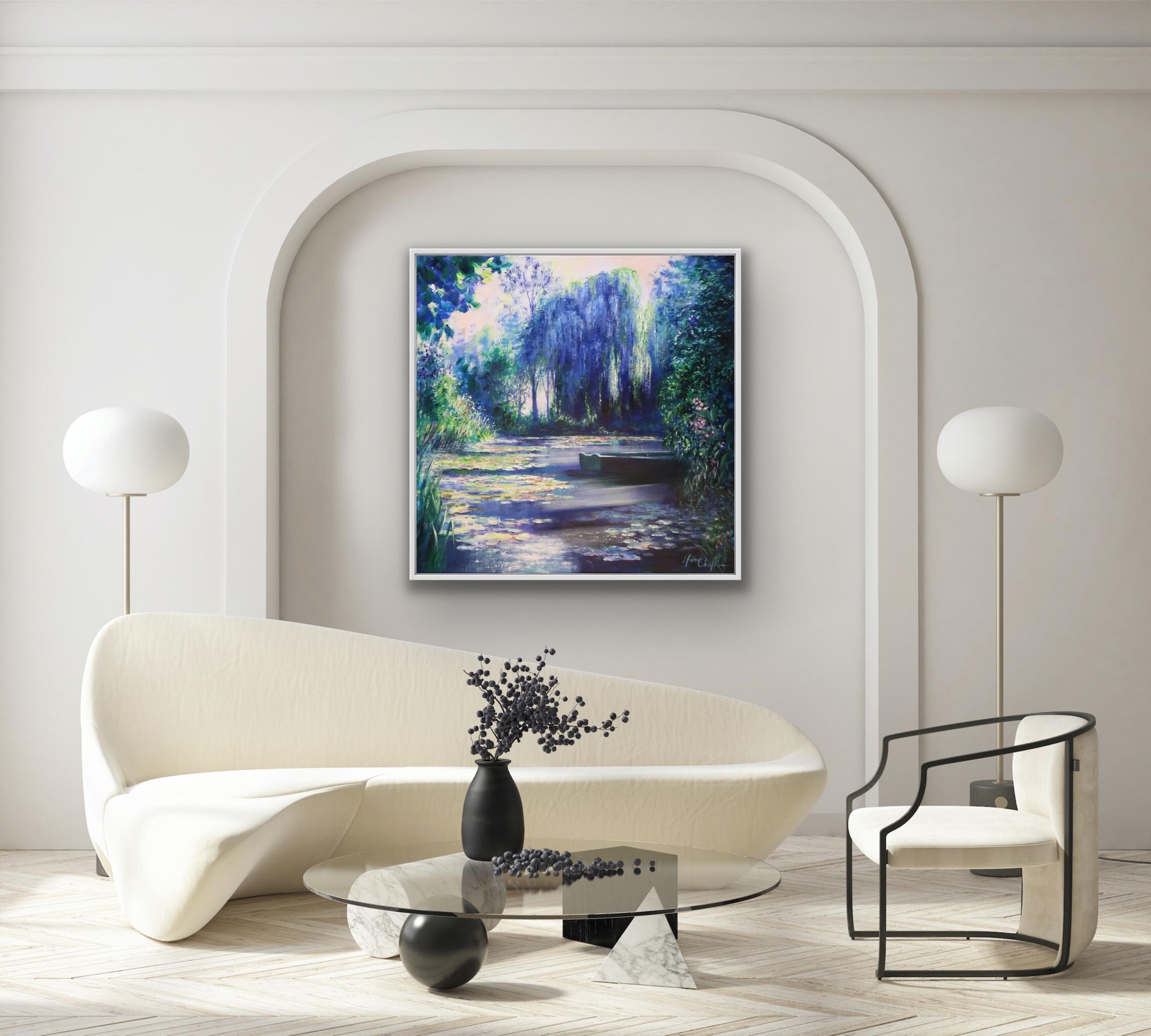 Harmony in blue at Giverny (Water Gardens at Claude Monet’s house), Original art - Painting by Mary Chaplin