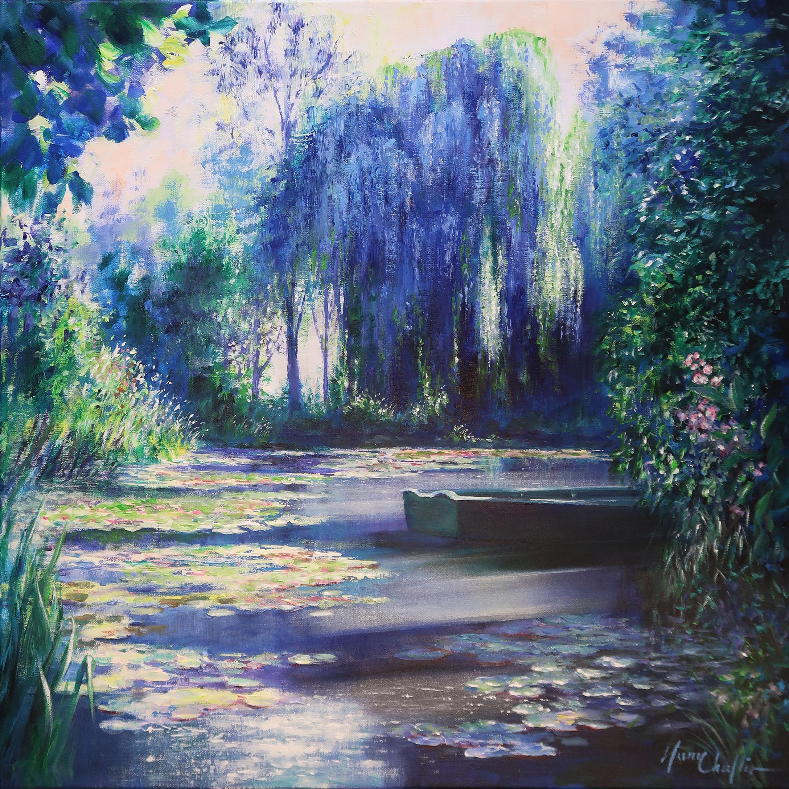 Mary Chaplin Still-Life Painting - Harmony in blue at Giverny (Water Gardens at Claude Monet’s house), Original art