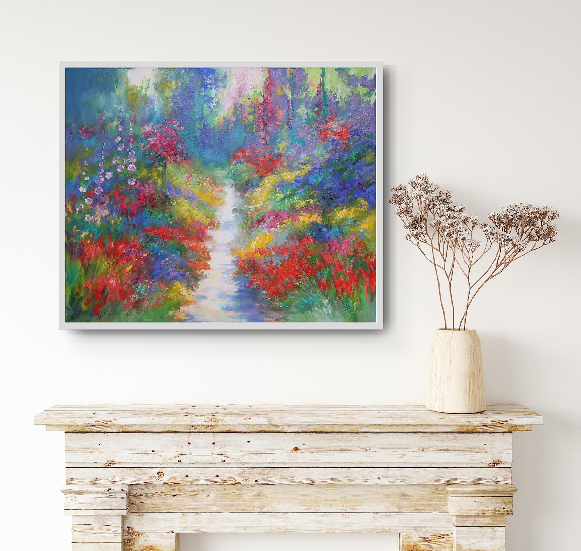 Hollyhocks Season at the Money Garden in Giveny  - Abstract Impressionist Painting by Mary Chaplin